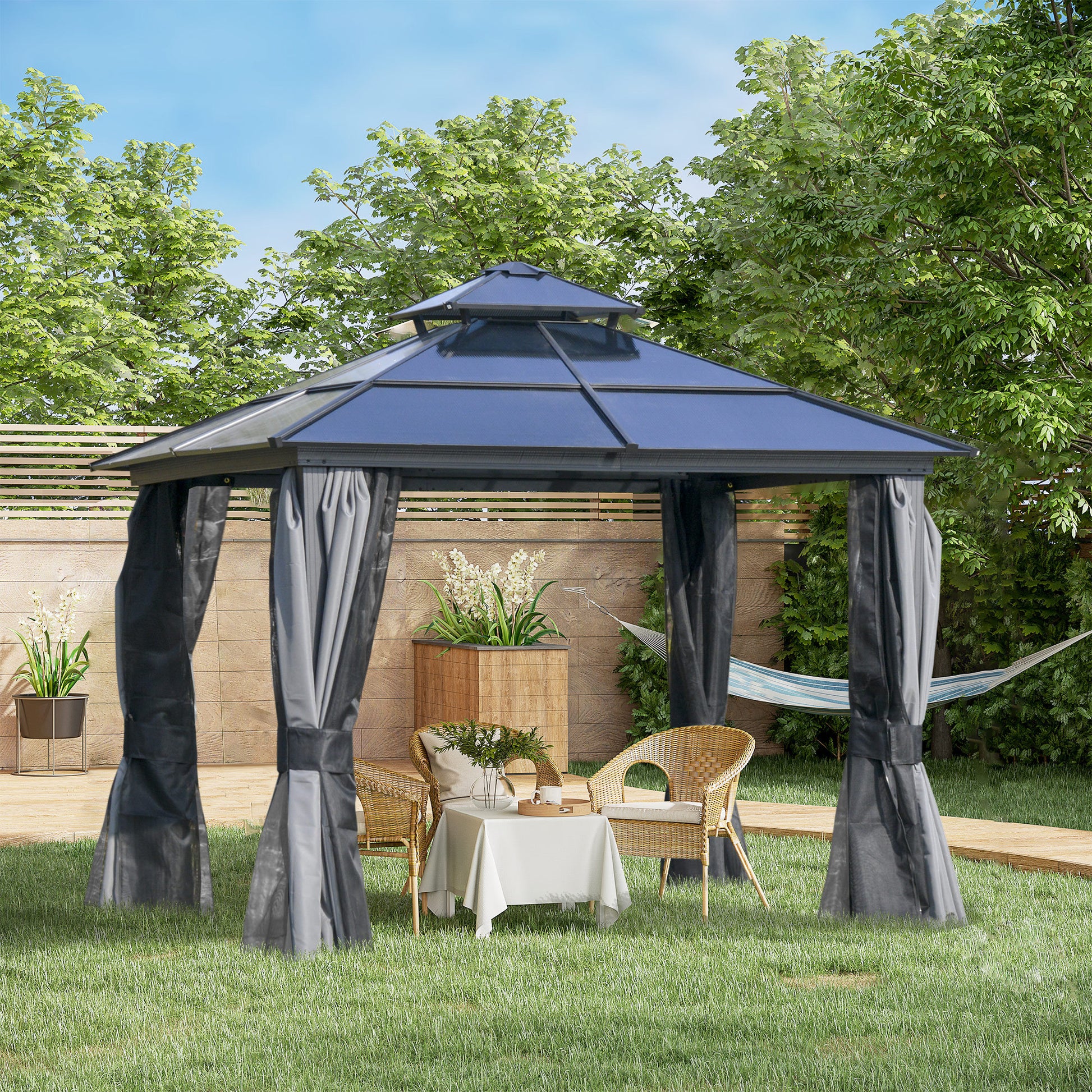 10' X 10' Hardtop Gazebo Canopy With Polycarbonate Double Roof, Aluminum Frame, Permanent Pavilion Outdoor Gazebo With Netting And Curtains For Patio, Garden, Backyard, Deck, Lawn, Gray Dark Grey Steel