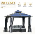 10' X 10' Hardtop Gazebo Canopy With Polycarbonate Double Roof, Aluminum Frame, Permanent Pavilion Outdoor Gazebo With Netting And Curtains For Patio, Garden, Backyard, Deck, Lawn, Gray Dark Grey Steel