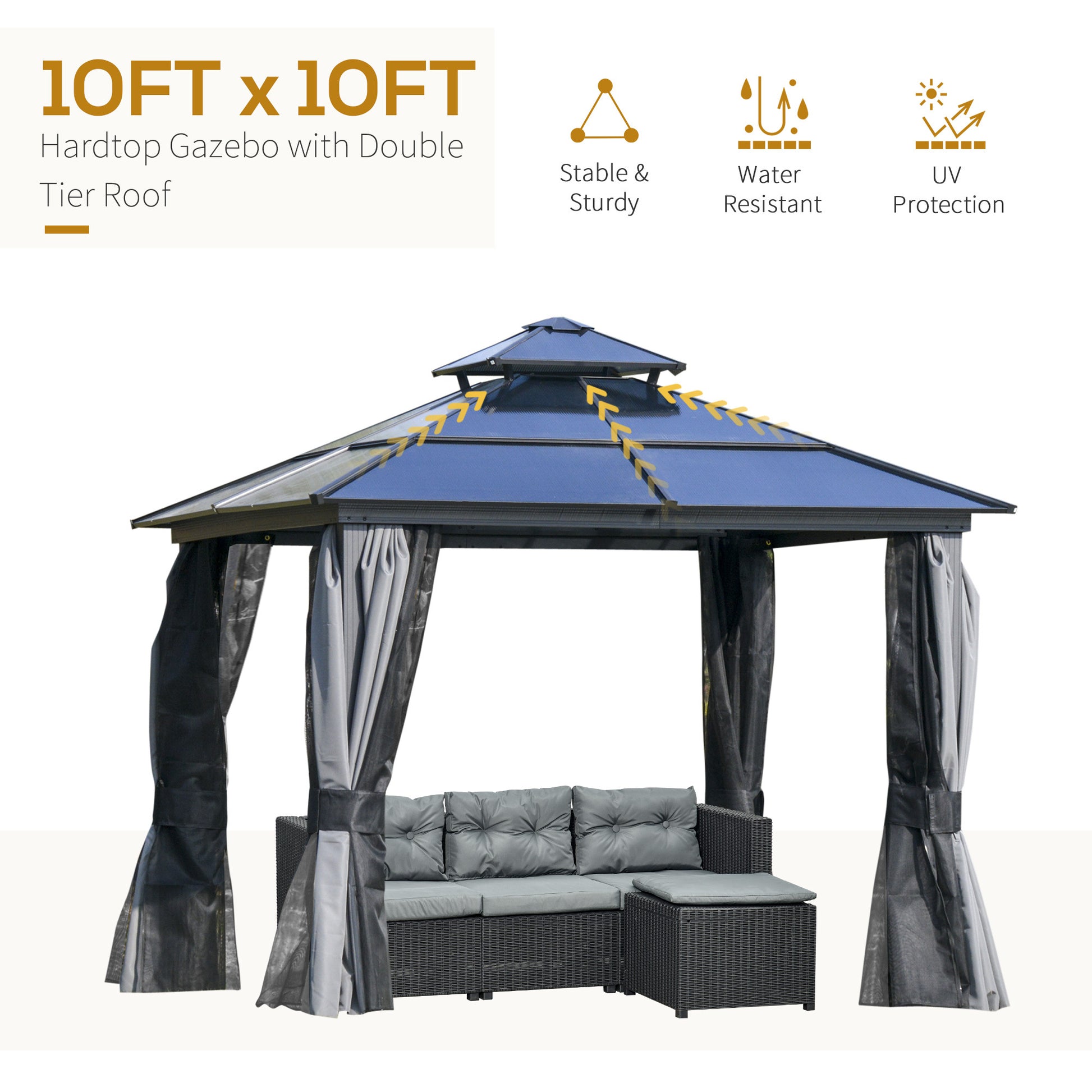 10' X 10' Hardtop Gazebo Canopy With Polycarbonate Double Roof, Aluminum Frame, Permanent Pavilion Outdoor Gazebo With Netting And Curtains For Patio, Garden, Backyard, Deck, Lawn, Gray Dark Grey Steel