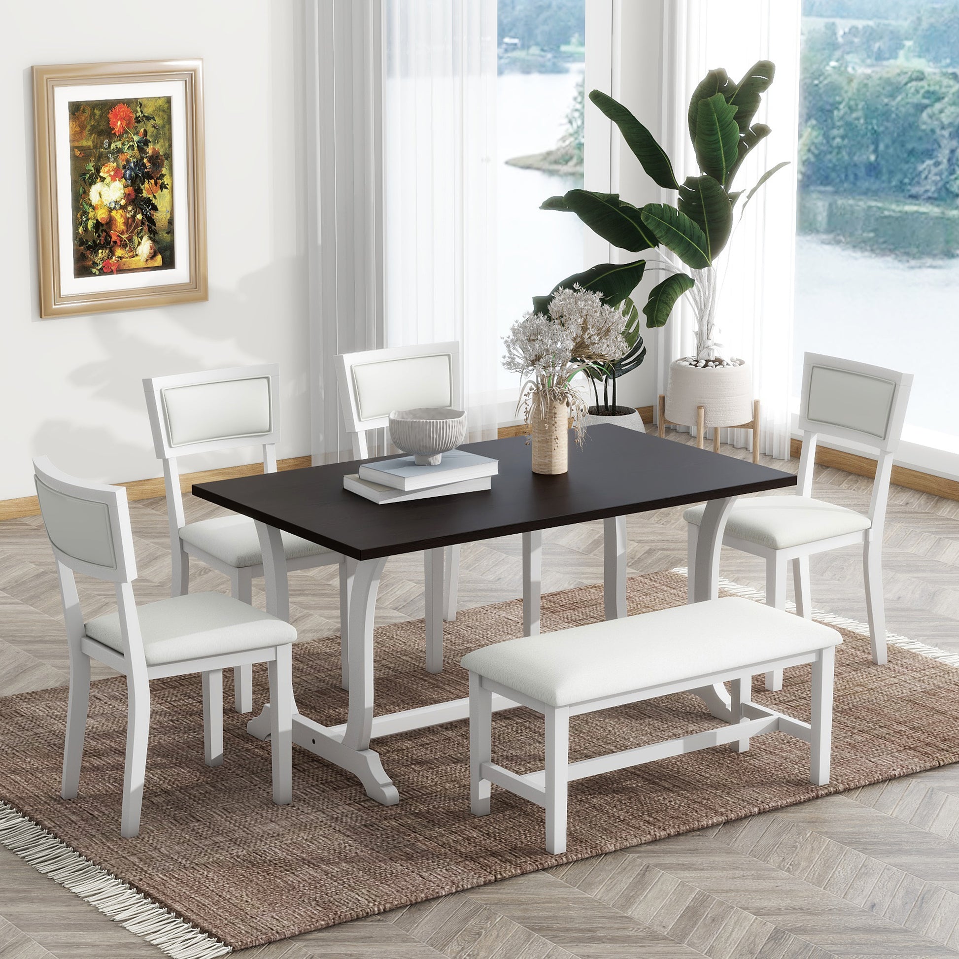 Farmhouse 6 Piece Trestle Dining Table Set With Upholstered Dining Chairs And Bench, 59Inch, White White Wood Dining Room Solid Wood Rubberwood Rectangular Dining Table With Chair And Bench Upholstered Chair Wood White Seats 6 Farmhouse Trestle Foam