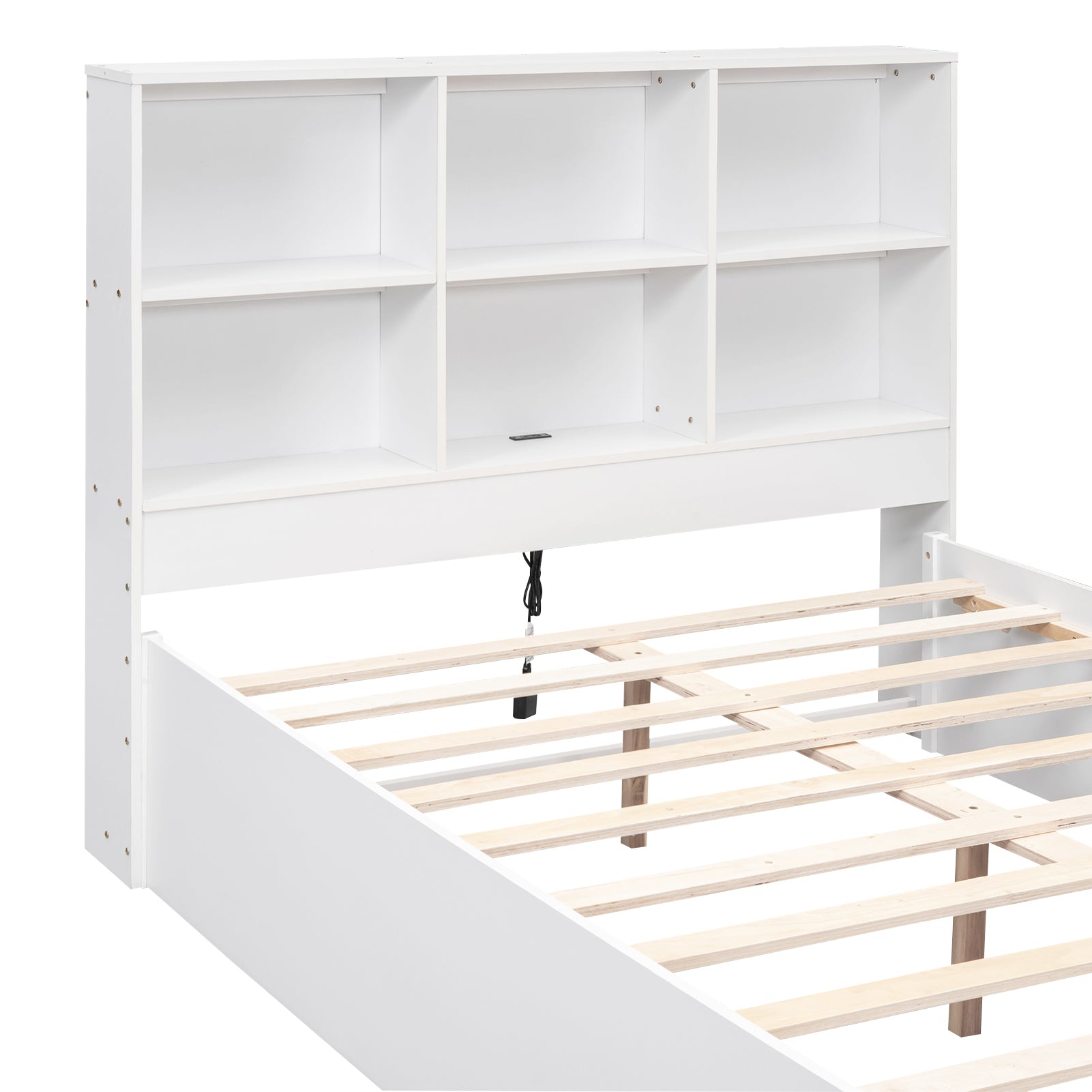 Full Size Platform Bed With Storage Headboard, Charging Station And 2 Drawers, White Box Spring Not Required Full White Wood Bedroom Bed Frame Solid Wood Mdf