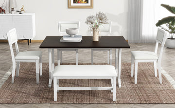 Farmhouse 6 Piece Trestle Dining Table Set With Upholstered Dining Chairs And Bench, 59Inch, White White Wood Dining Room Solid Wood Rubberwood Rectangular Dining Table With Chair And Bench Upholstered Chair Wood White Seats 6 Farmhouse Trestle Foam