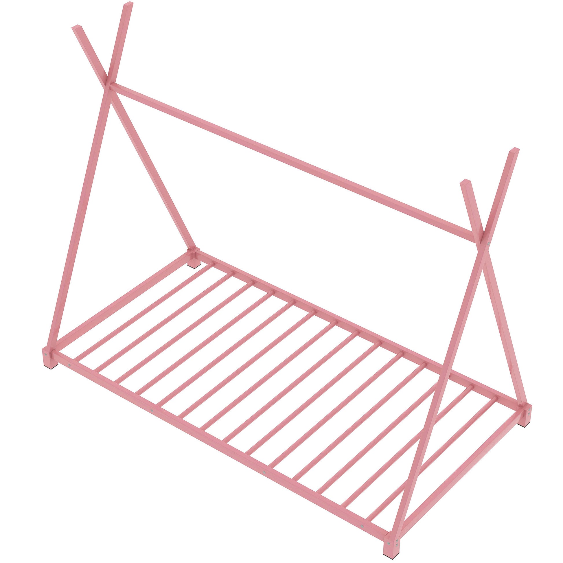 Metal Twin Size House Platform Bed With Triangle Structure, Pink Pink Metal