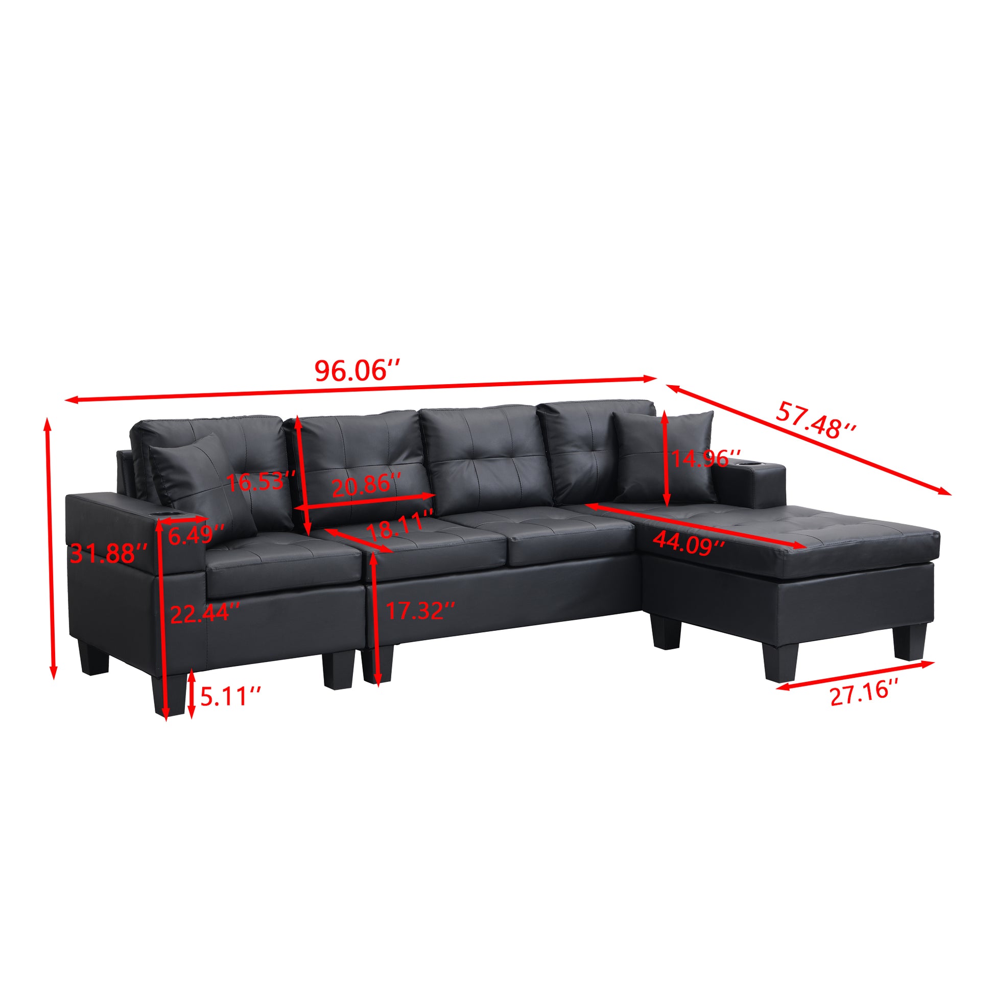 Sectional Sofa Set For Living Room With L Shape Chaise Lounge ,Cup Holder And Left Or Right Hand Chaise Modern 4 Seat Black Black Wood 4 Seat