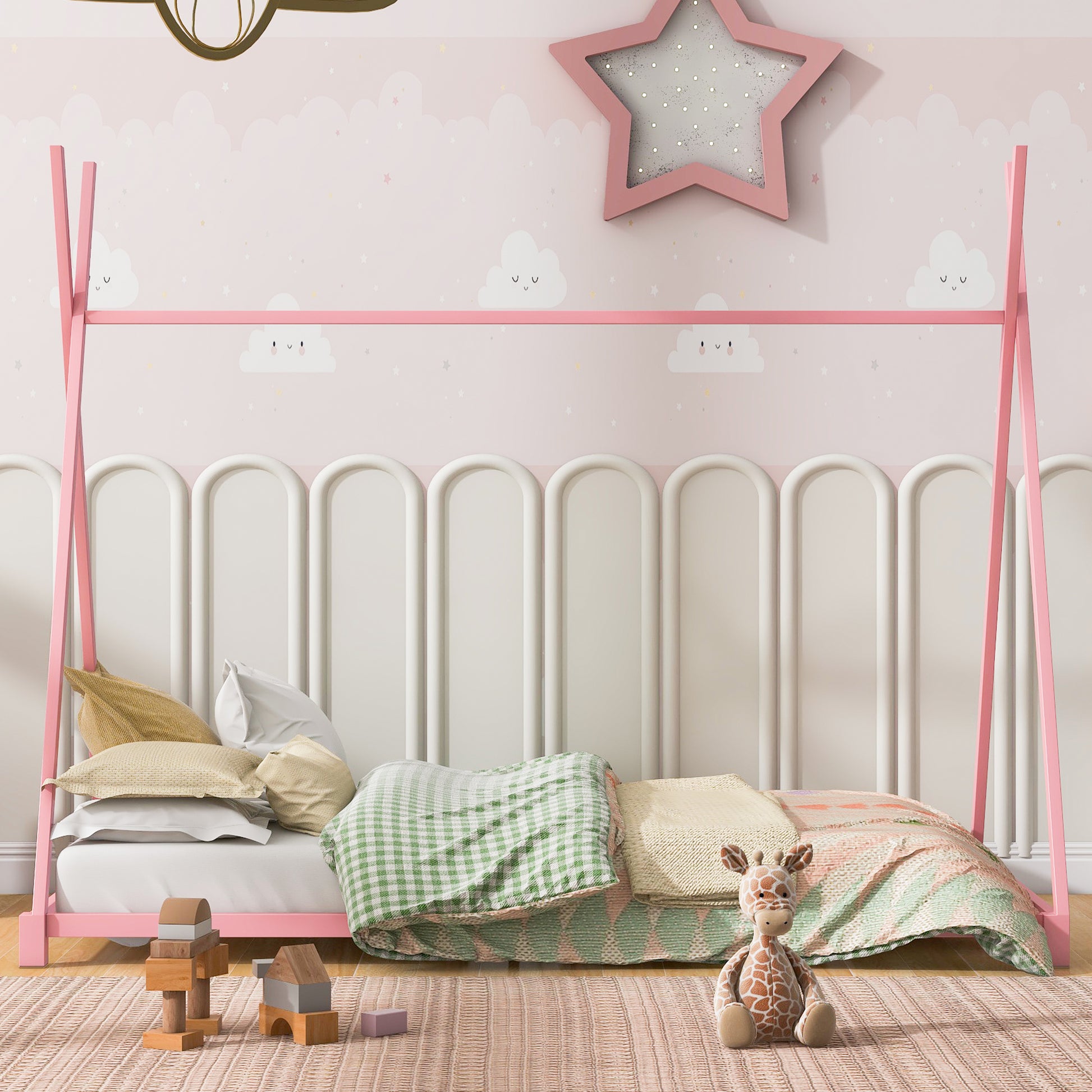 Metal Twin Size House Platform Bed With Triangle Structure, Pink Pink Metal