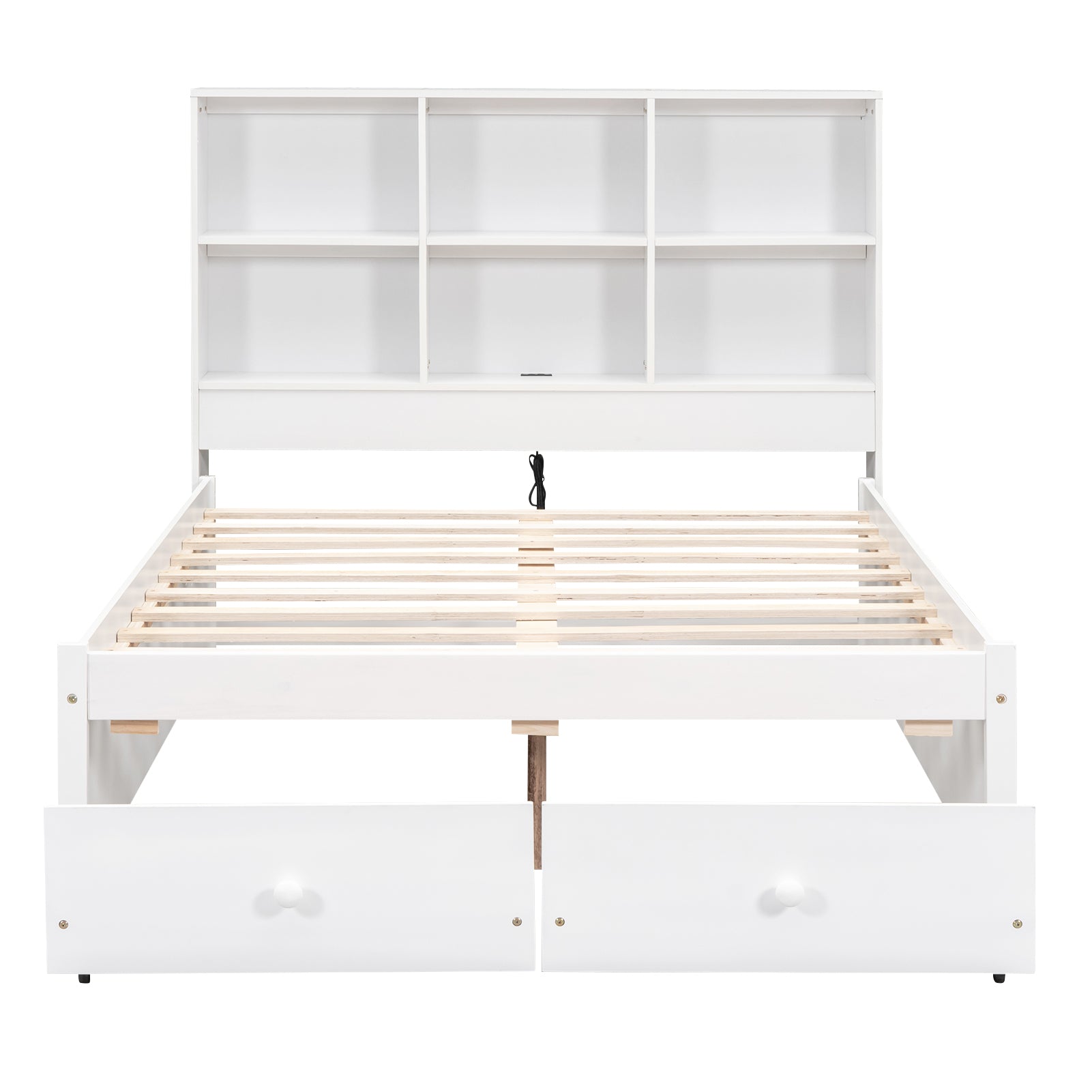 Full Size Platform Bed With Storage Headboard, Charging Station And 2 Drawers, White Box Spring Not Required Full White Wood Bedroom Bed Frame Solid Wood Mdf