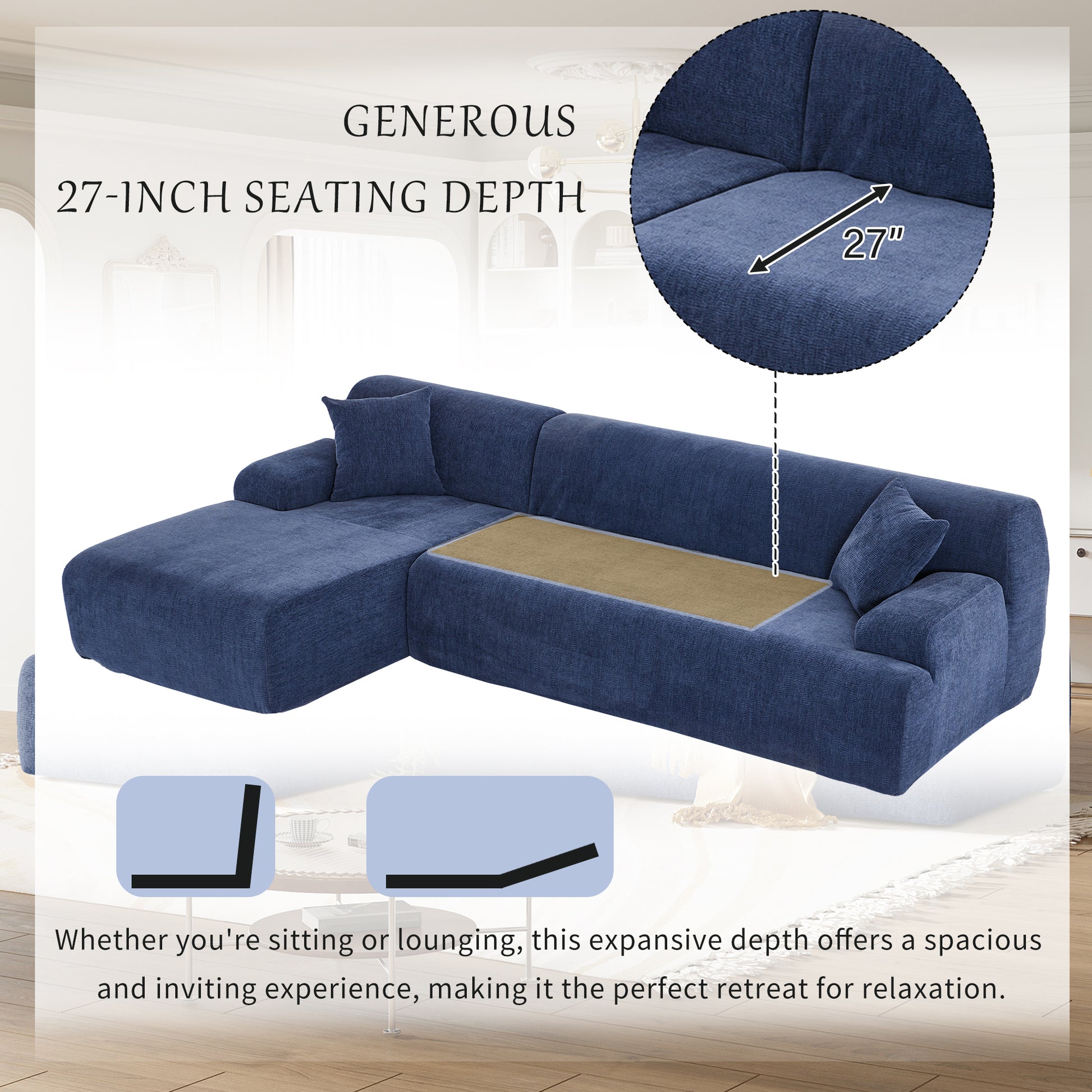 Modern Large L Shape Modular Sectional Sofa For Living Room, Bedroom, Salon, 2 Piece Free Combination, Simplified Style Blue Polyester 3 Seat