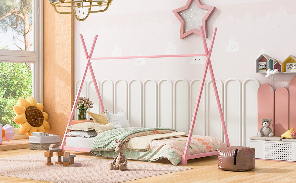 Metal Twin Size House Platform Bed With Triangle Structure, Pink Pink Metal