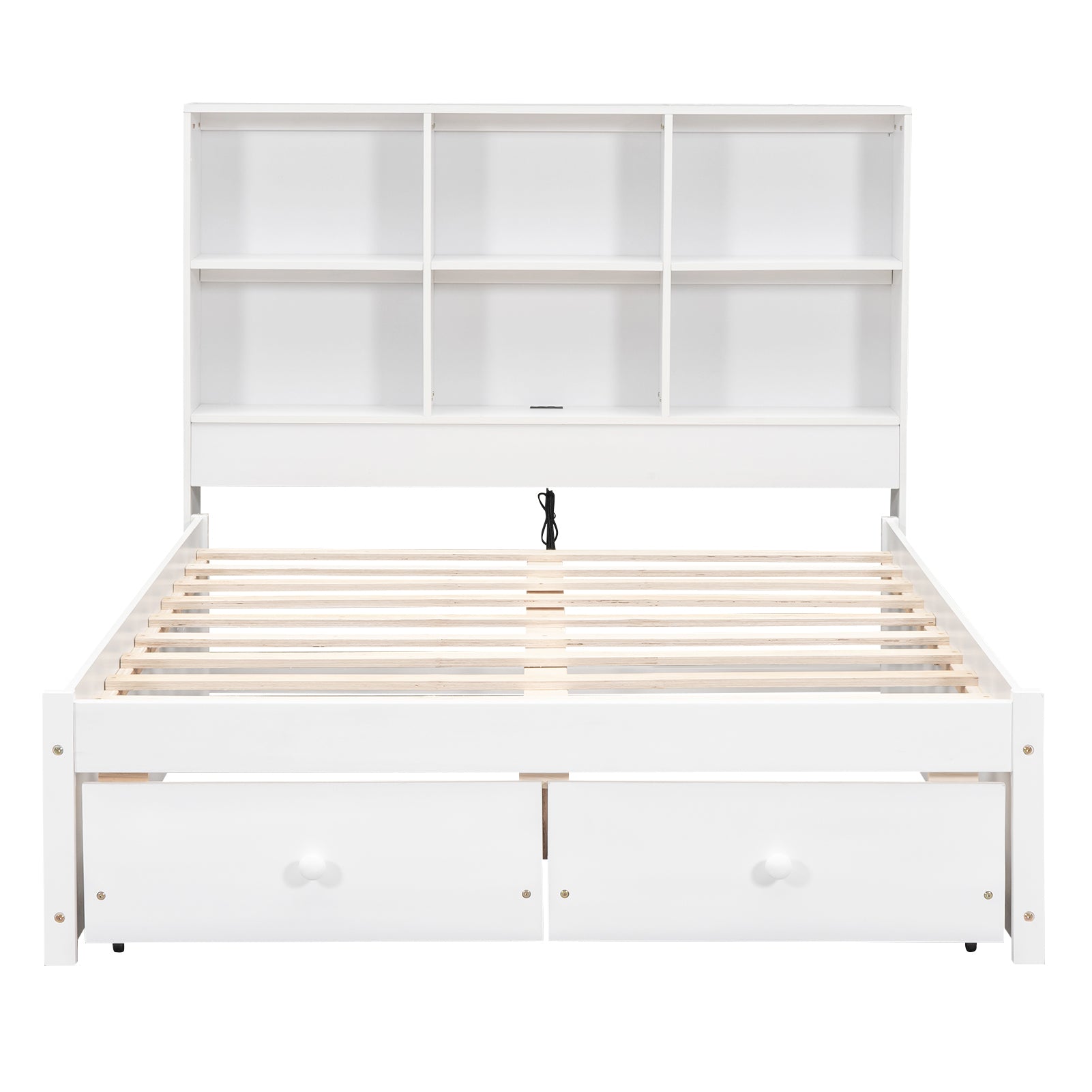 Full Size Platform Bed With Storage Headboard, Charging Station And 2 Drawers, White Box Spring Not Required Full White Wood Bedroom Bed Frame Solid Wood Mdf