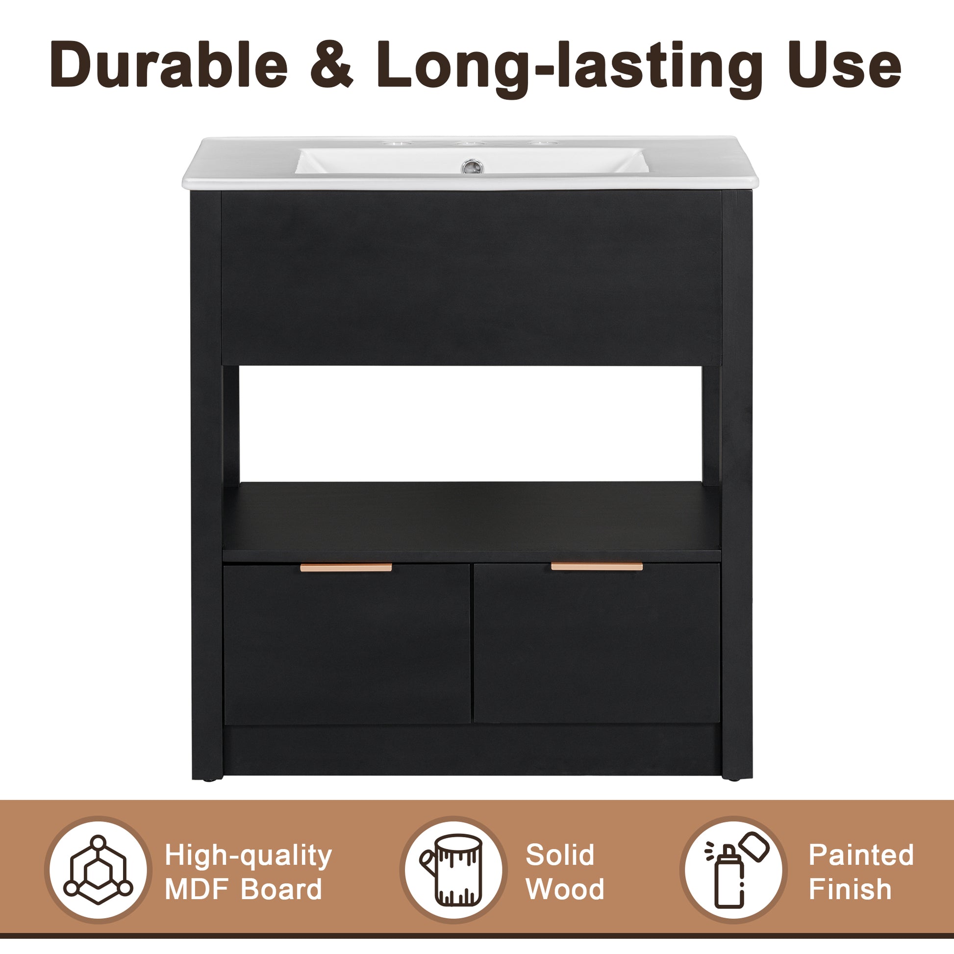 30" Bathroom Vanity With Sink Top, Bathroom Cabinet With Open Storage Shelf And Two Drawers, One Package, Black Old Sku:Wf311619Aap Black Solid Wood Mdf