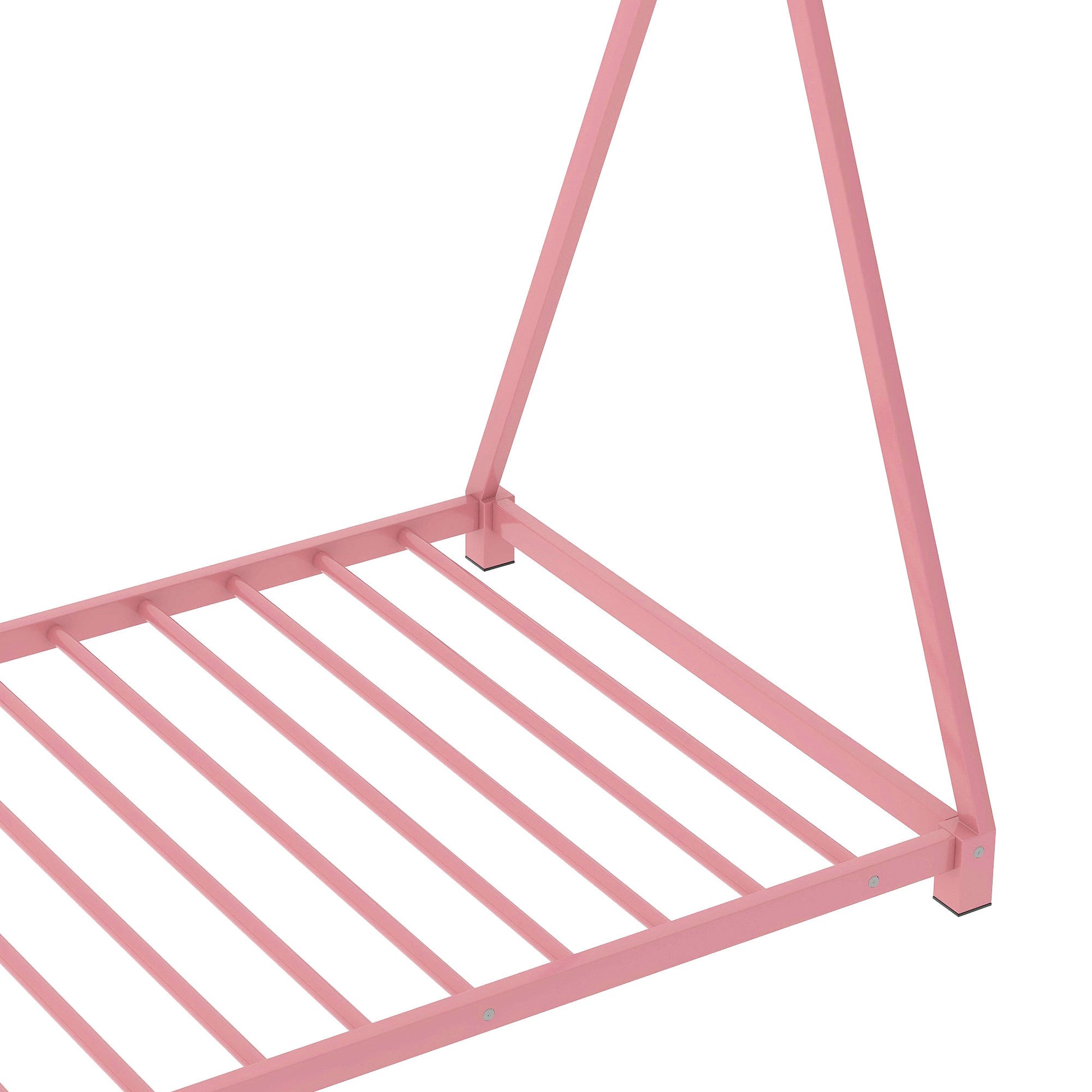 Metal Twin Size House Platform Bed With Triangle Structure, Pink Pink Metal
