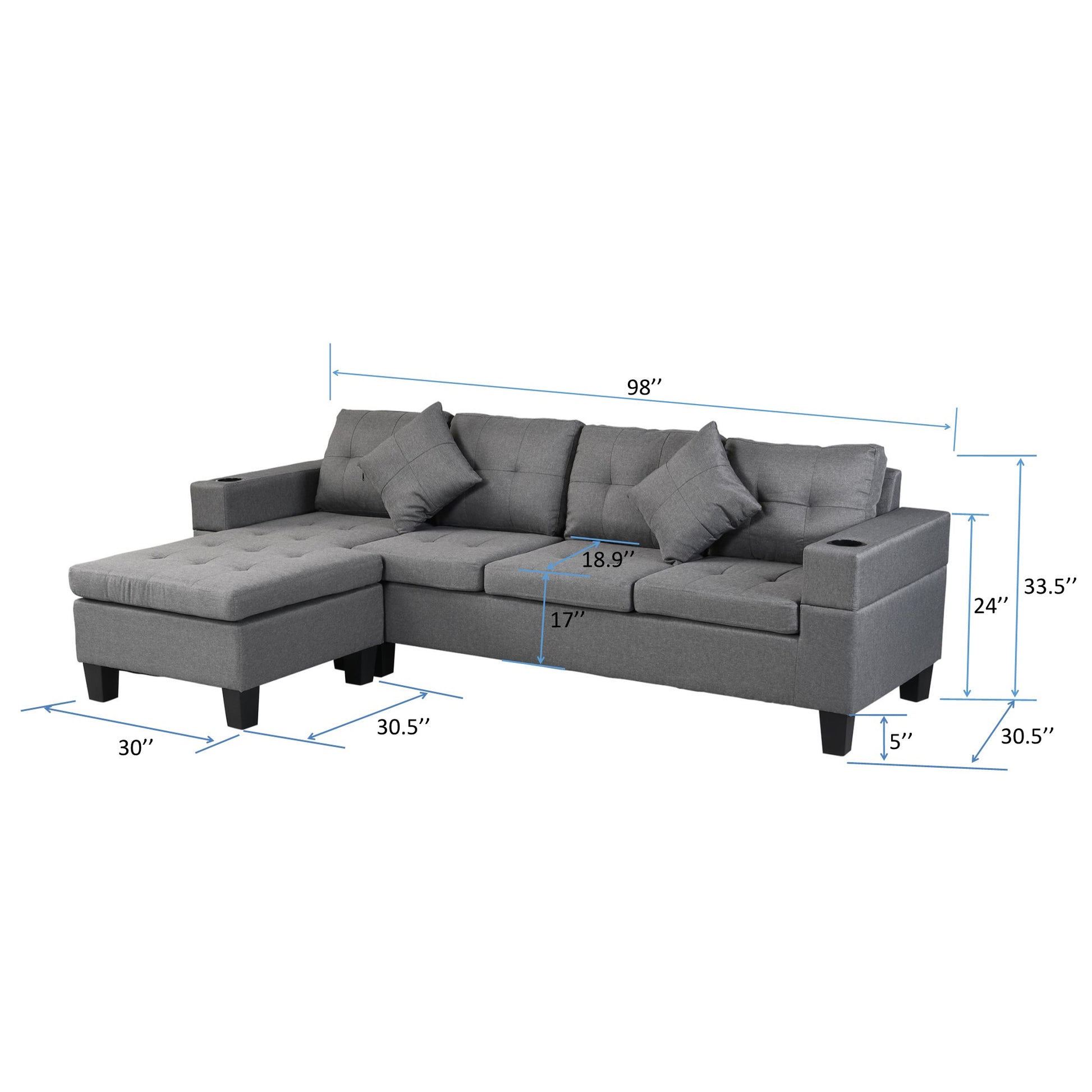 Sectional Sofa Set For Living Room With L Shape Chaise Lounge ,Cup Holder And Left Or Right Hand Chaise Modern 4 Seat Grey Fabric