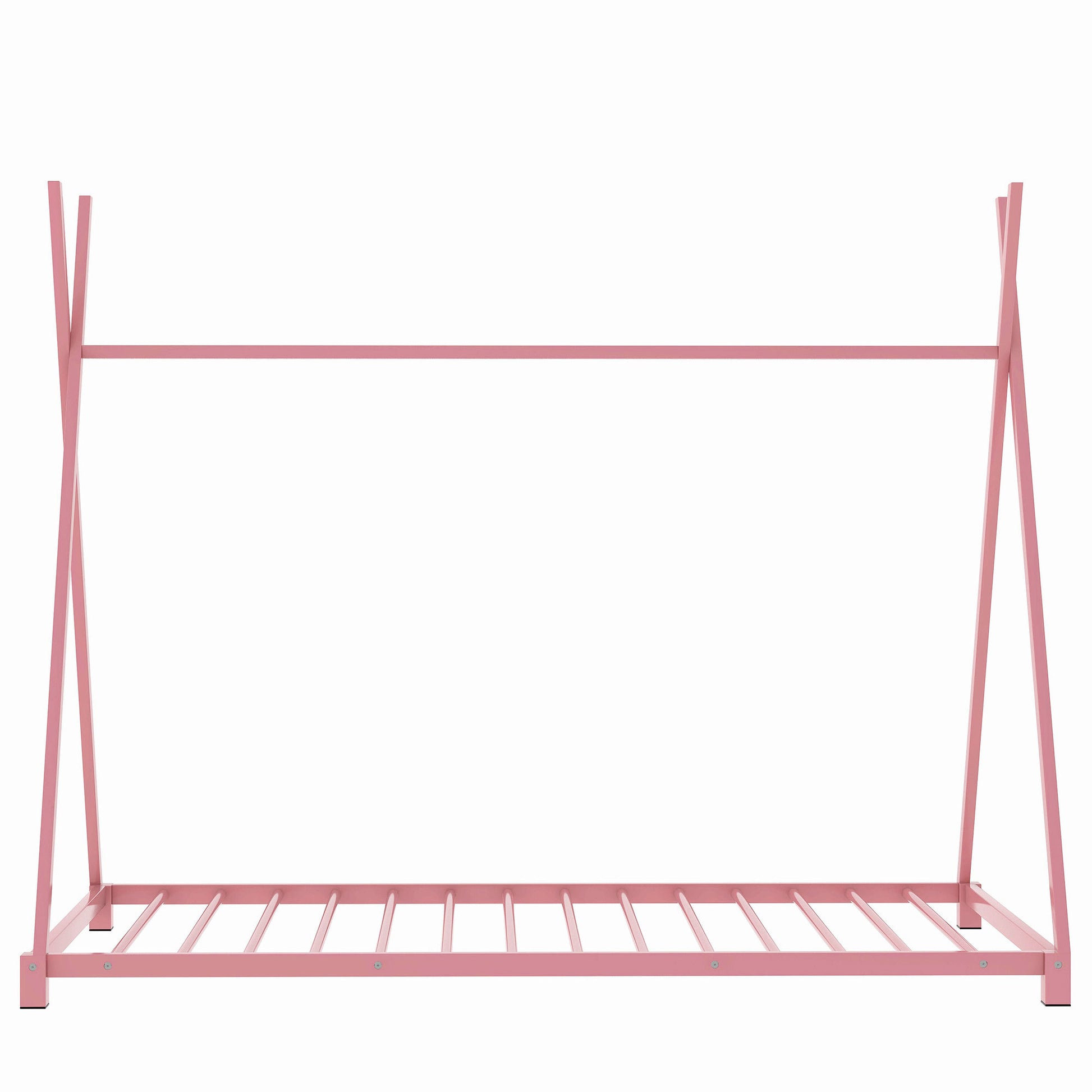 Metal Twin Size House Platform Bed With Triangle Structure, Pink Pink Metal
