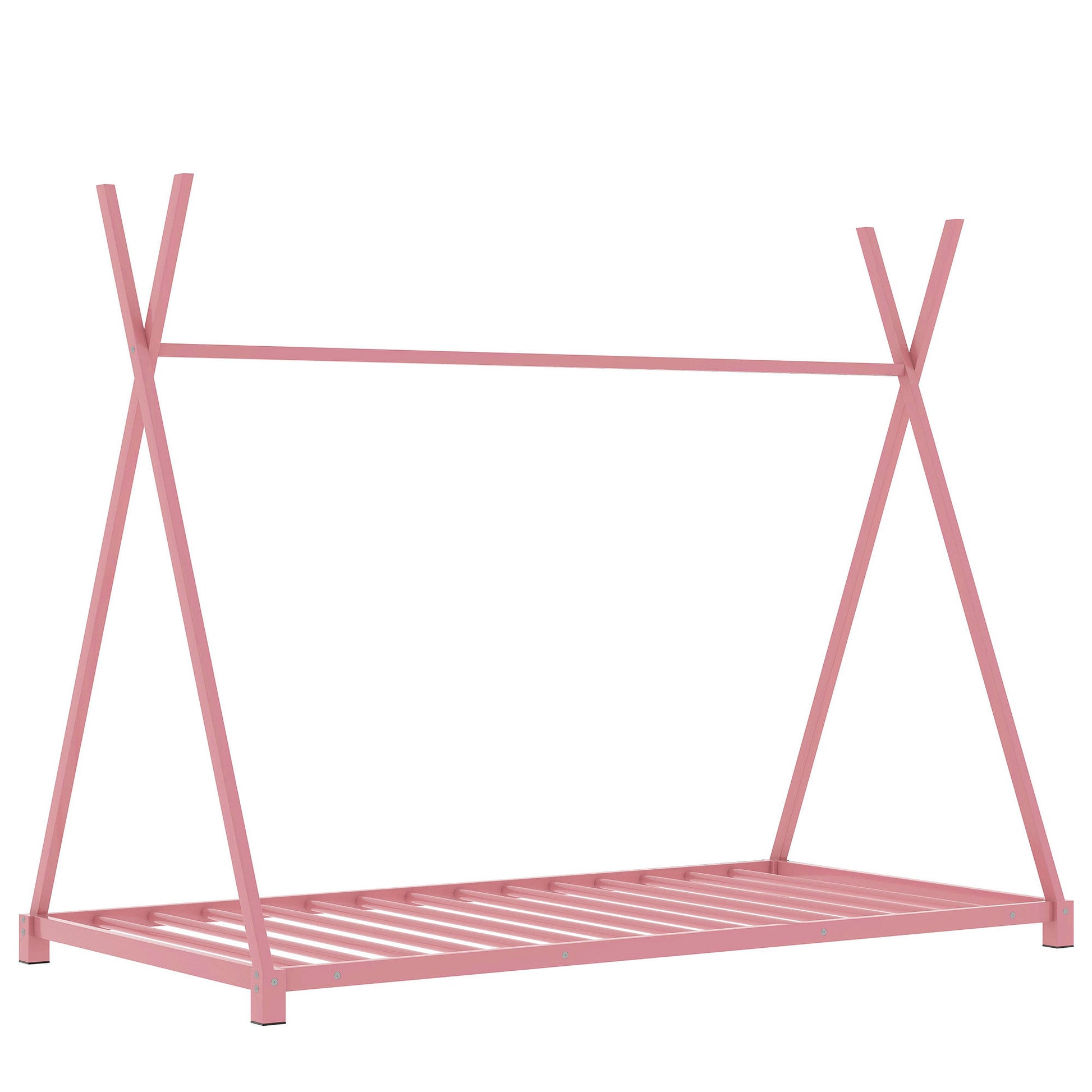 Metal Twin Size House Platform Bed With Triangle Structure, Pink Pink Metal