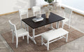 Farmhouse 6 Piece Trestle Dining Table Set With Upholstered Dining Chairs And Bench, 59Inch, White White Wood Dining Room Solid Wood Rubberwood Rectangular Dining Table With Chair And Bench Upholstered Chair Wood White Seats 6 Farmhouse Trestle Foam