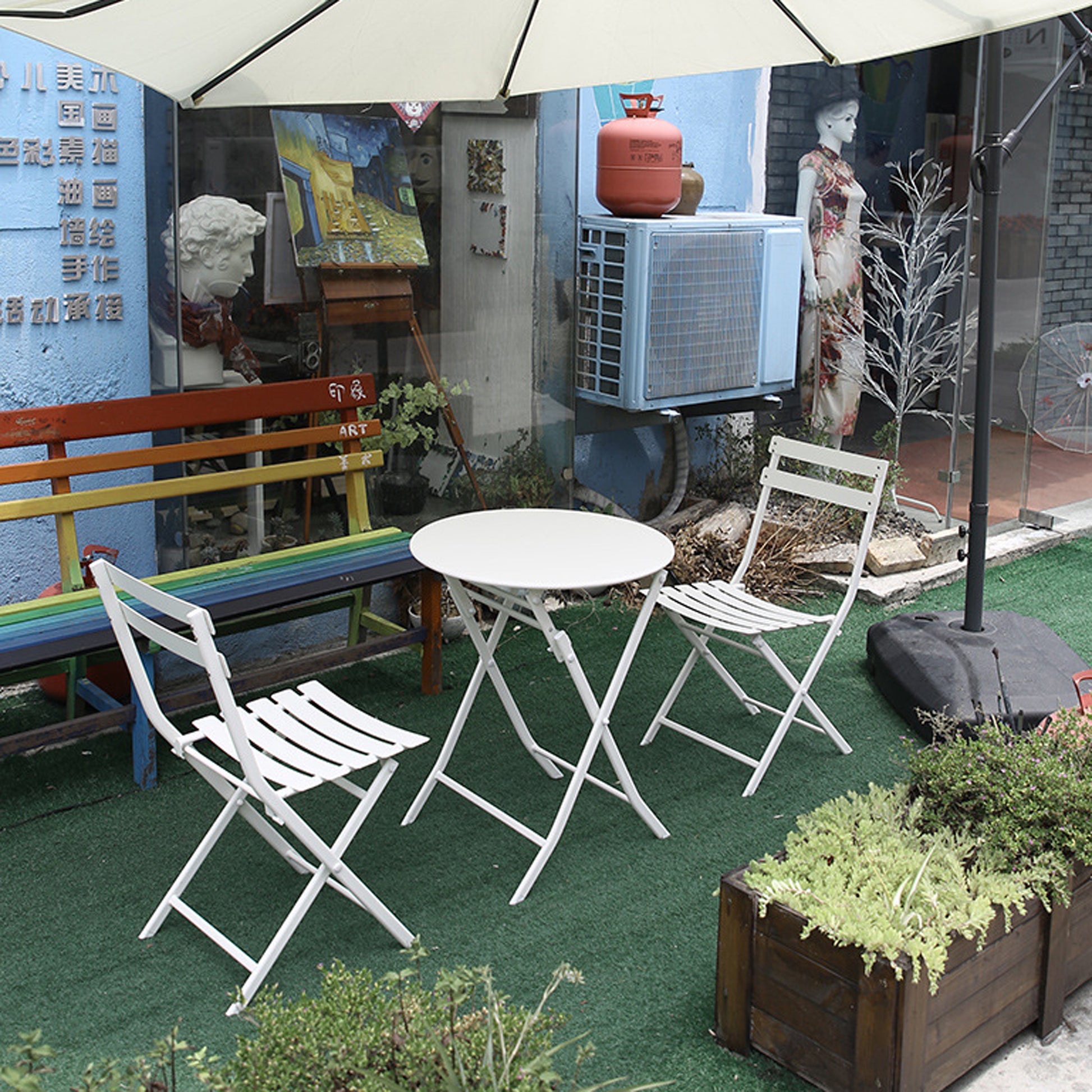 3 Piece Patio Bistro Set Of Foldable Round Table And Chairs, White No White Metal