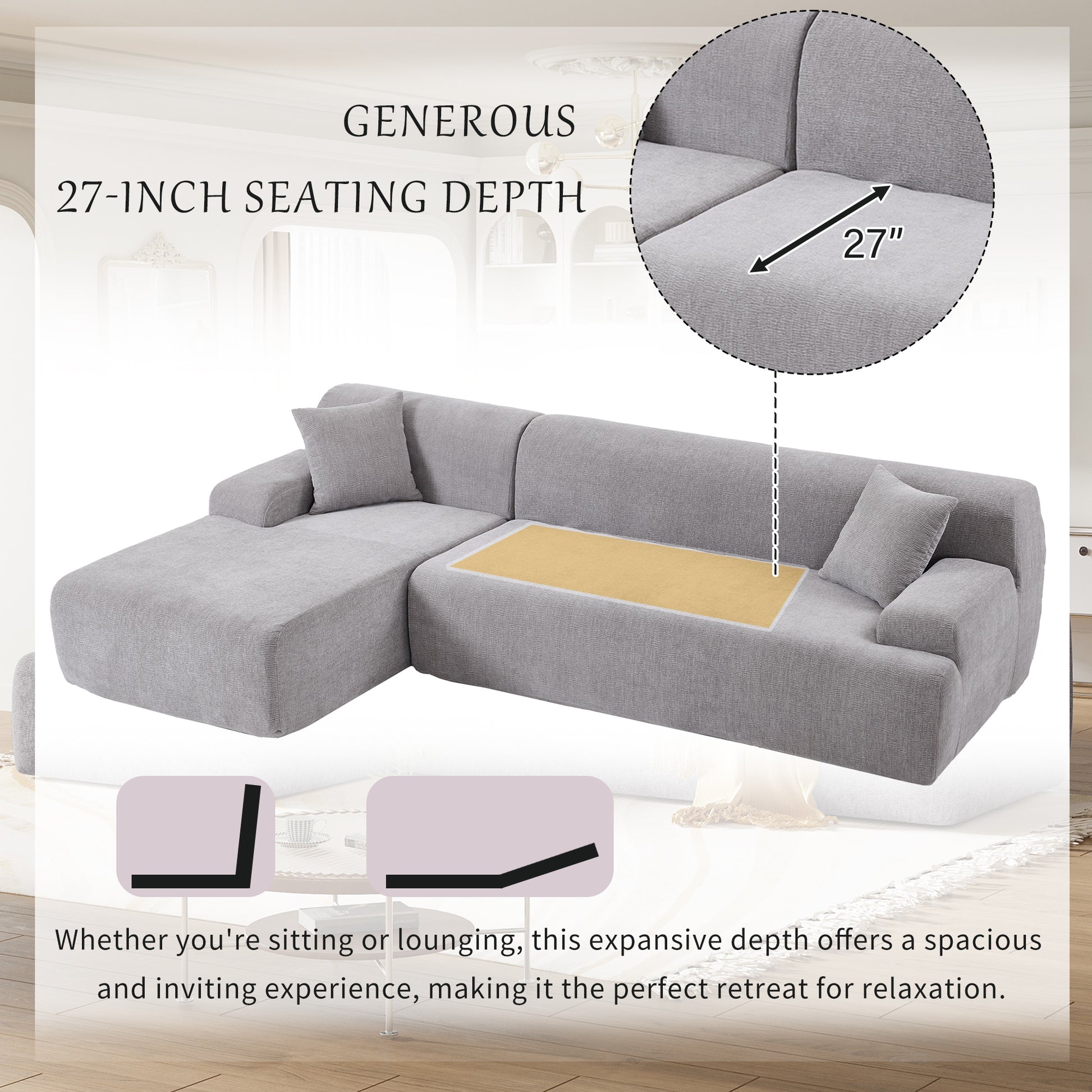 Modern Large L Shape Modular Sectional Sofa For Living Room, Bedroom, Salon, 2 Piece Free Combination, Simplified Style Gray Polyester 3 Seat