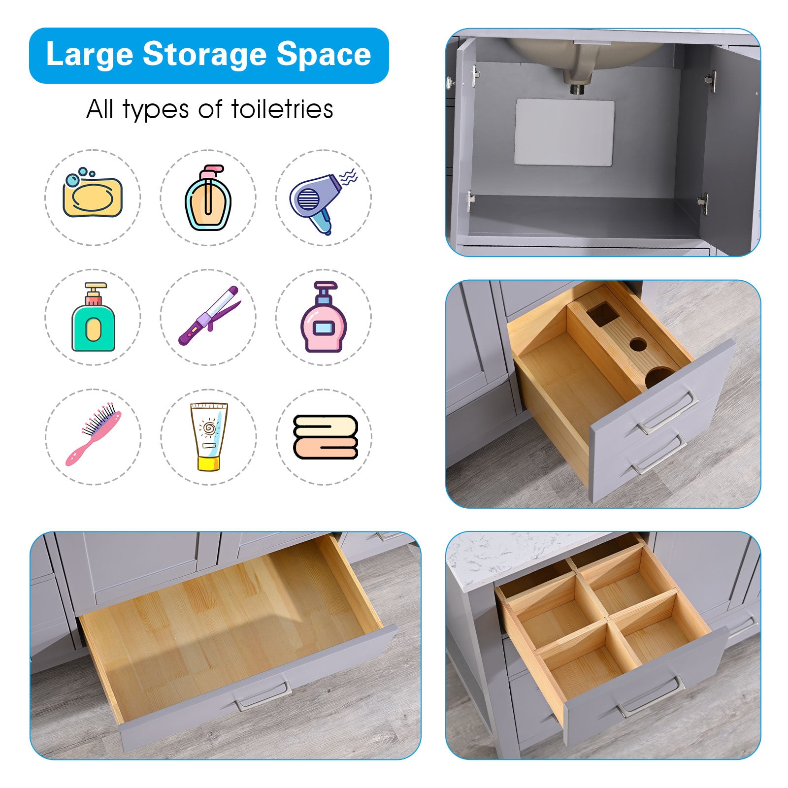 Bathroom Vanity Base Cabinet Only, Single Bath Vanity In Gray, Bathroom Storage With Soft Close Doors And Drawers Gray Plywood