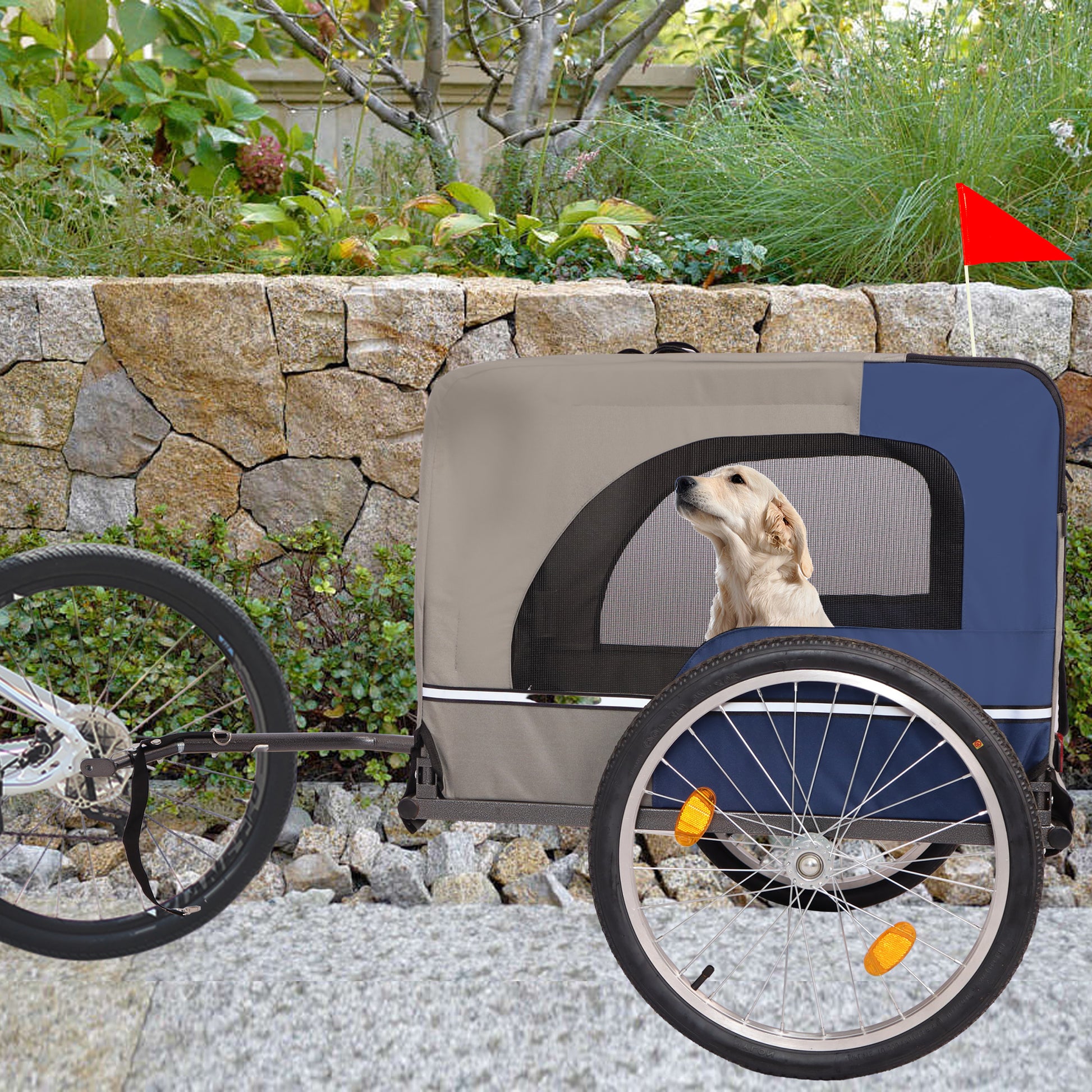 Tangkula Dog Bike Trailer,Mesh Dog Cart With 3 Entrances, Safety Flag, 8 Reflectors, Folding Pet Carrier Wagon With 20 Inch Wheels, Bicycle Carrier For Medium And Small Sized Dogs Blue Grey Fabric Steel