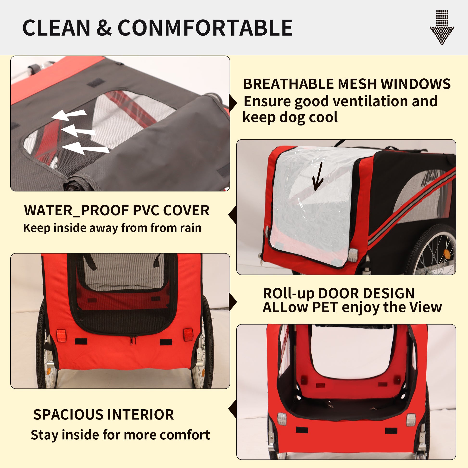 Outdoor Heavy Duty Foldable Utility Pet Stroller Dog Carriers Bicycle Trailer Black Red Fabric Steel