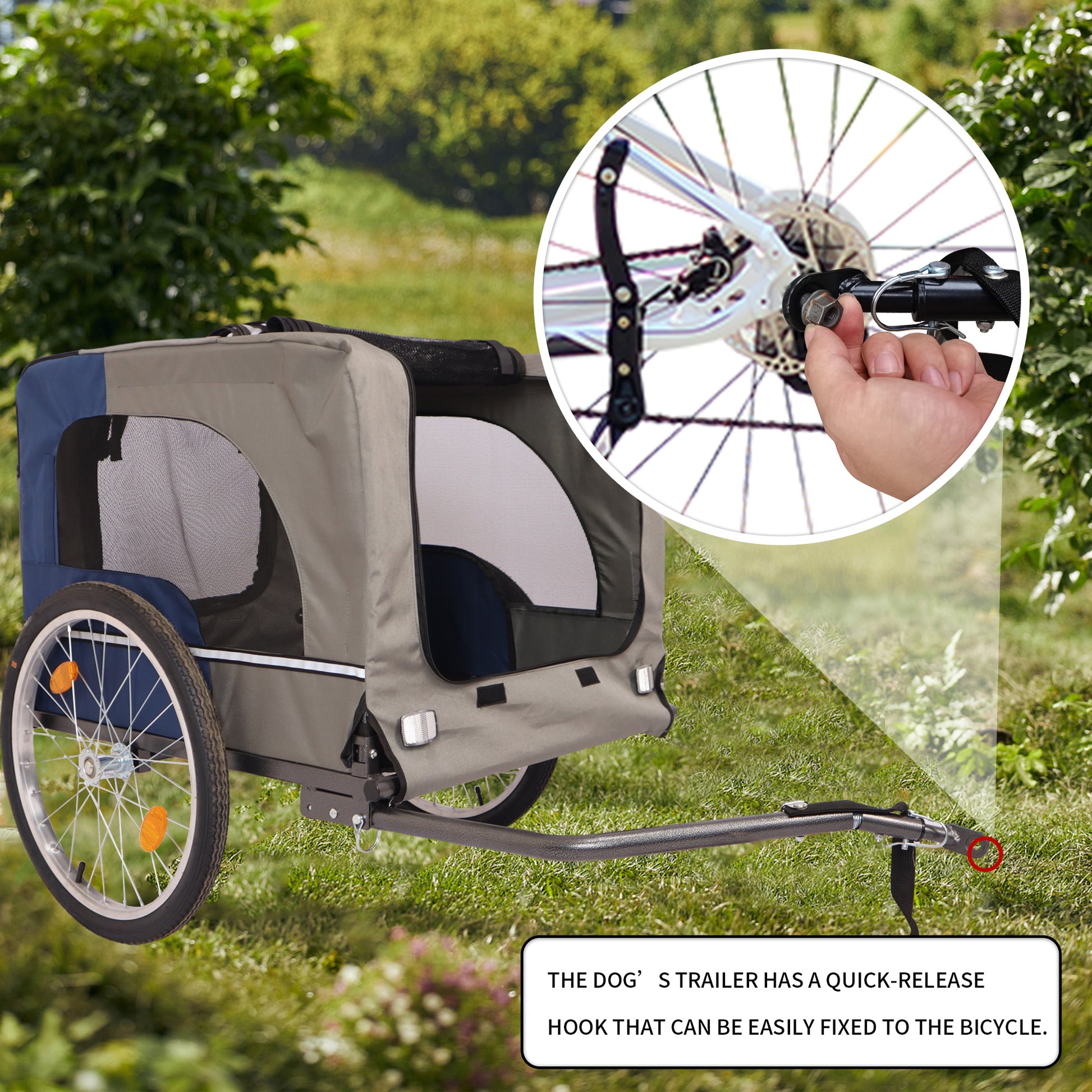Tangkula Dog Bike Trailer,Mesh Dog Cart With 3 Entrances, Safety Flag, 8 Reflectors, Folding Pet Carrier Wagon With 20 Inch Wheels, Bicycle Carrier For Medium And Small Sized Dogs Blue Grey Fabric Steel