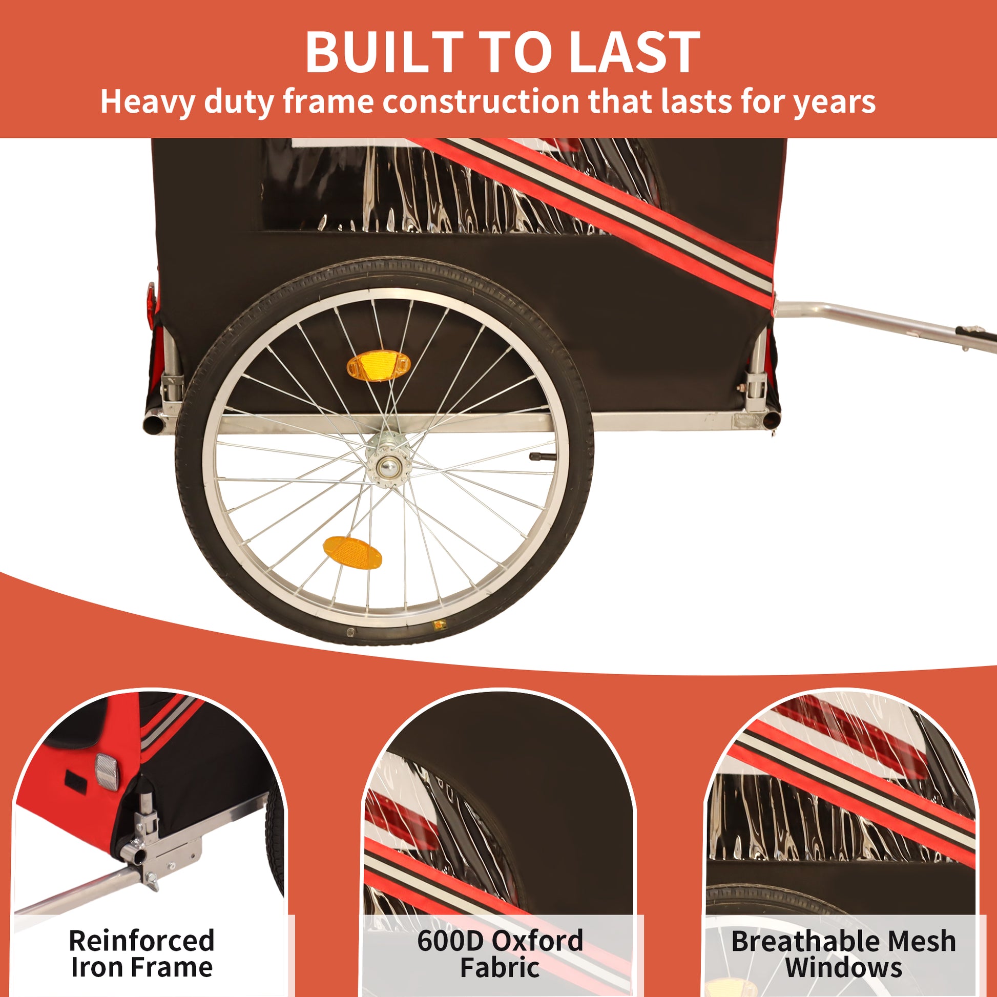 Outdoor Heavy Duty Foldable Utility Pet Stroller Dog Carriers Bicycle Trailer Black Red Fabric Steel