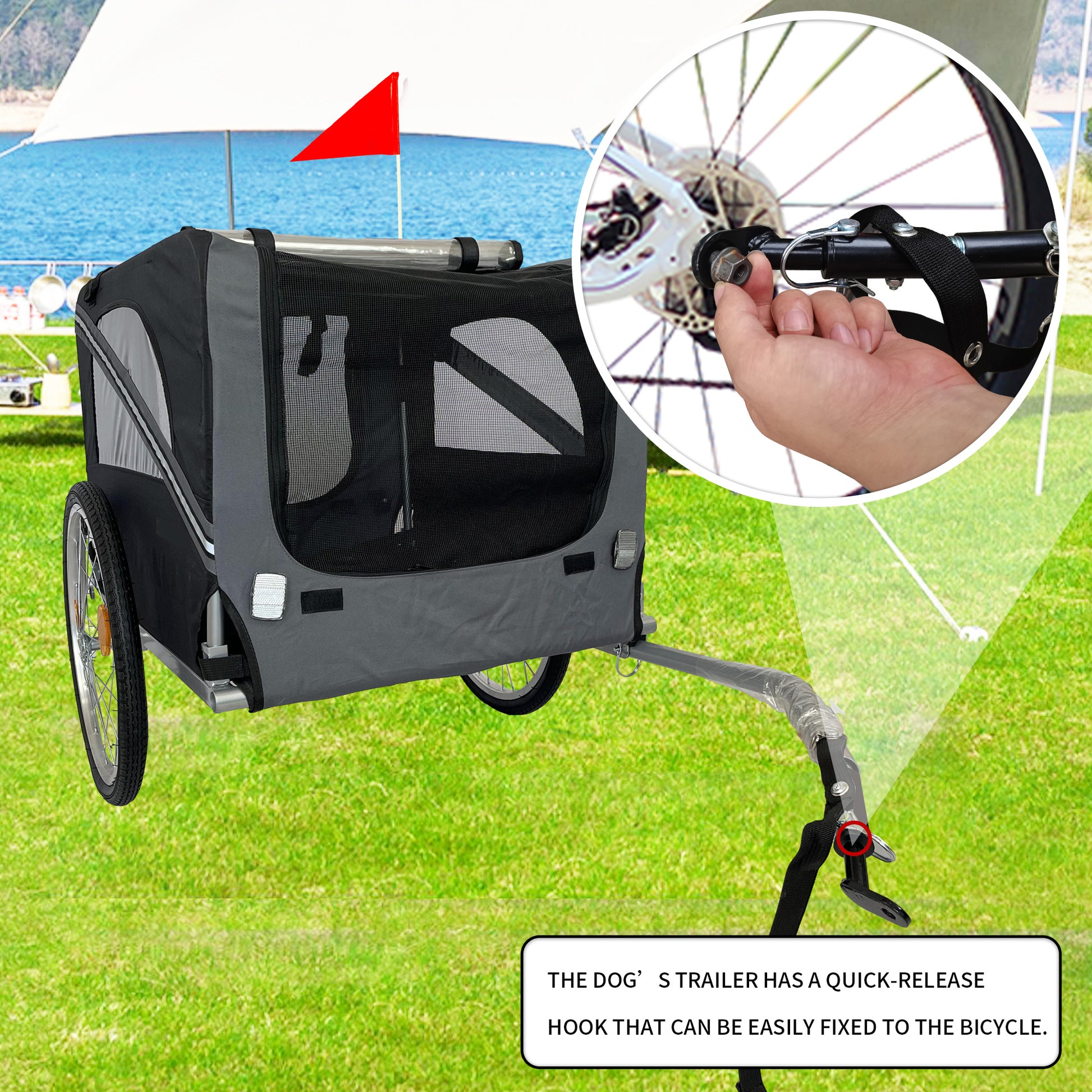 Outdoor Heavy Duty Foldable Utility Pet Stroller Dog Carriers Bicycle Trailer Black Gray Fabric Steel