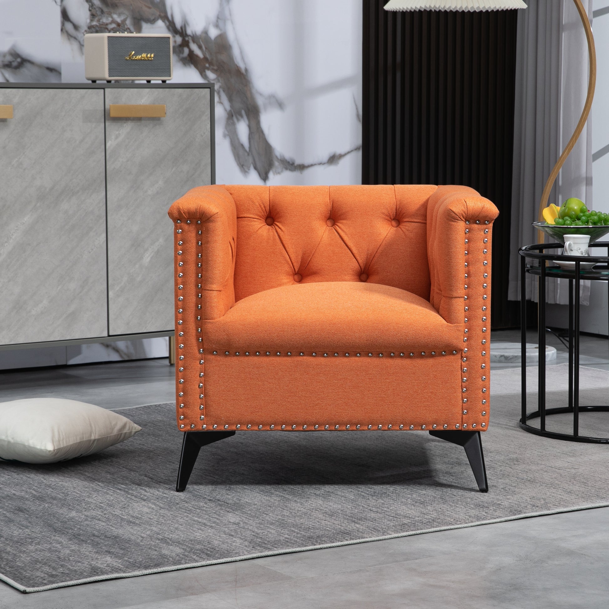 Accent Chair Living Room Chairs Single Sofa Chair,Arm Chairs With Linen Fabric, Mid Century Accent Arm Chairs Comfy Reading Lounge Club Armchair For Bedroom Office Study Orange Metal