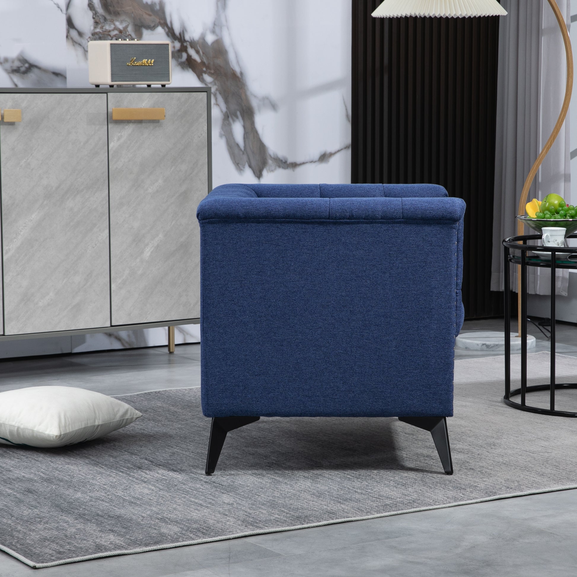 Accent Chair Living Room Chairs Single Sofa Chair,Arm Chairs With Linen Fabric, Mid Century Accent Arm Chairs Comfy Reading Lounge Club Armchair For Bedroom Office Study Blue Metal