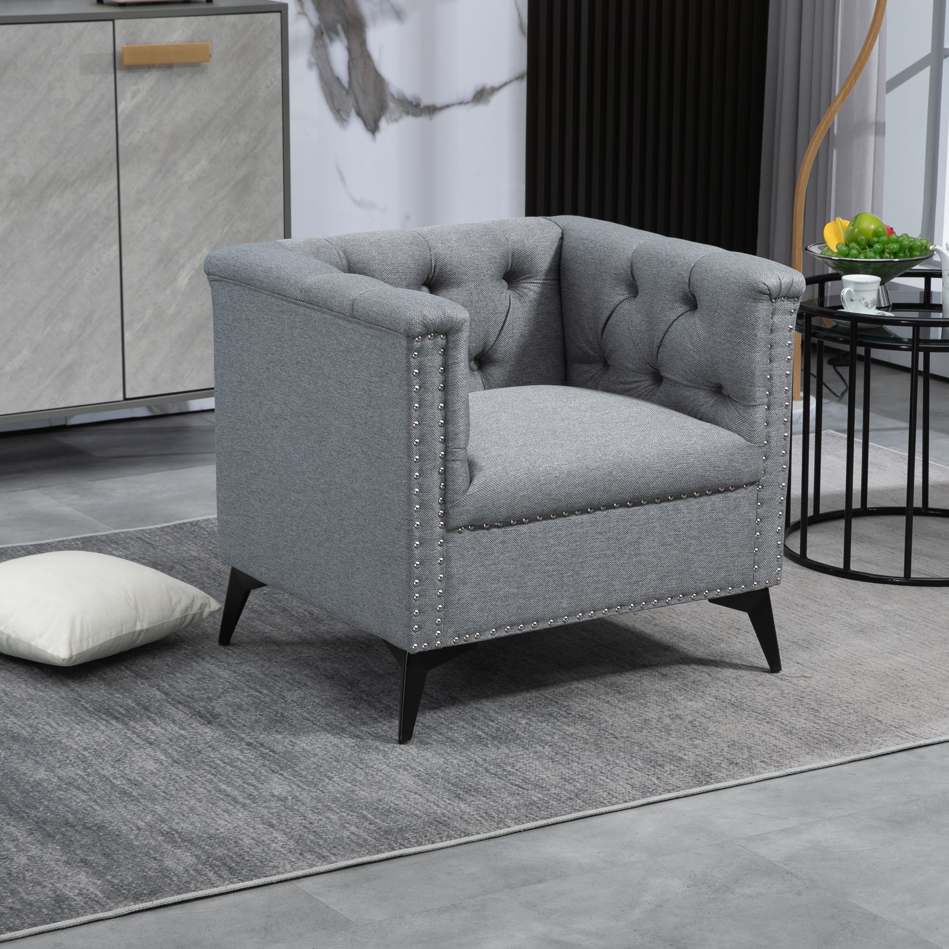 Accent Chair Living Room Chairs Single Sofa Chair,Arm Chairs With Linen Fabric, Mid Century Accent Arm Chairs Comfy Reading Lounge Club Armchair For Bedroom Office Study Gray Metal