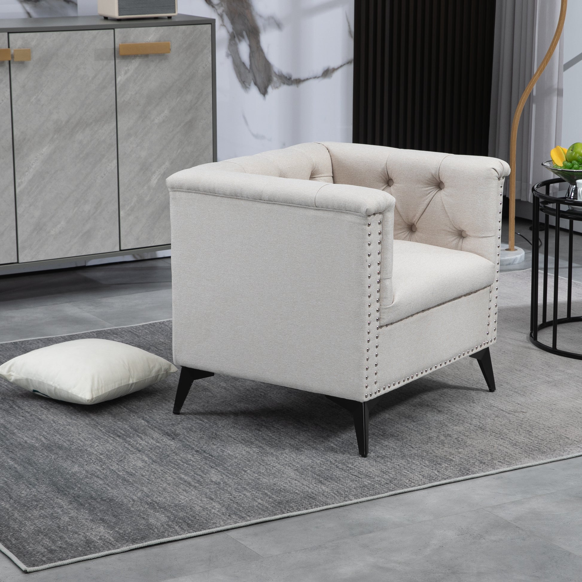 Accent Chair Living Room Chairs Single Sofa Chair,Arm Chairs With Linen Fabric, Mid Century Accent Arm Chairs Comfy Reading Lounge Club Armchair For Bedroom Office Study Beige Metal