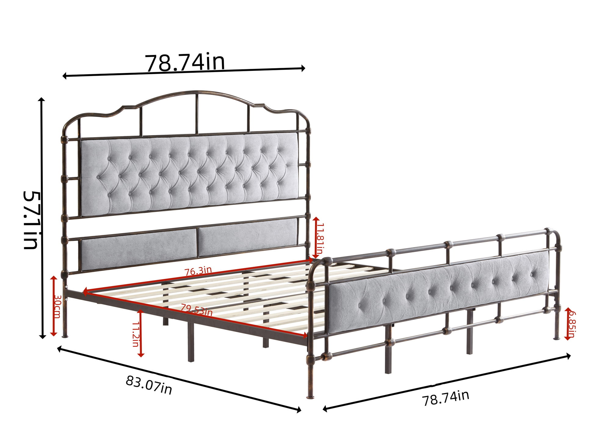 King Size High Boad Metal Bed With Soft Head And Tail, No Spring, Easy To Assemble, No Noise Box Spring Not Required King Grey Metal Bedroom Bed Frame Foam Velvet Metal