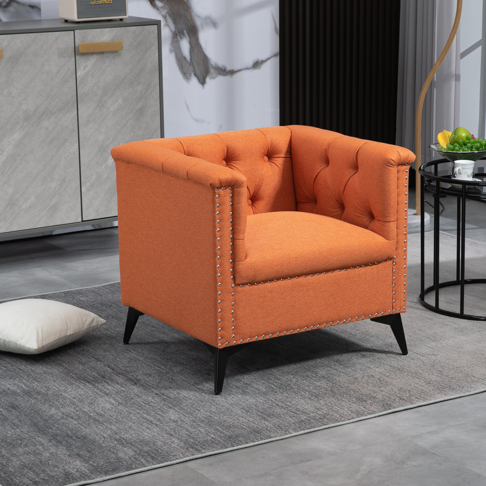 Accent Chair Living Room Chairs Single Sofa Chair,Arm Chairs With Linen Fabric, Mid Century Accent Arm Chairs Comfy Reading Lounge Club Armchair For Bedroom Office Study Orange Metal
