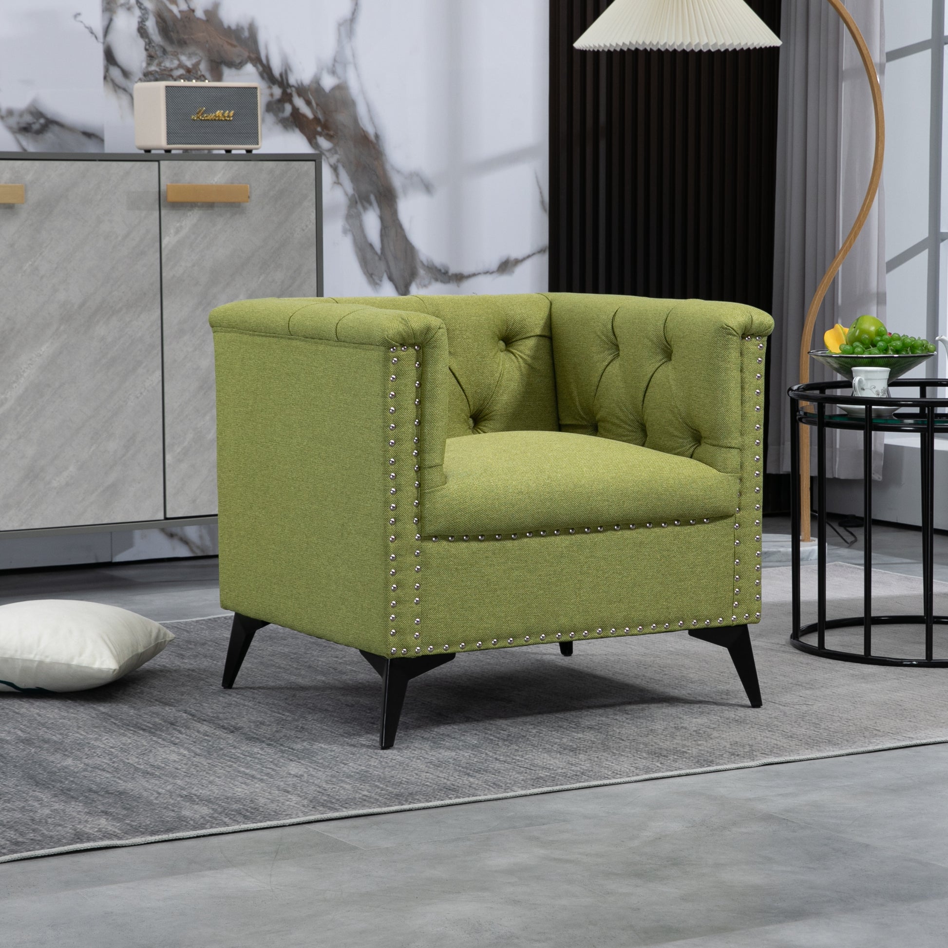 Accent Chair Living Room Chairs Single Sofa Chair,Arm Chairs With Linen Fabric, Mid Century Accent Arm Chairs Comfy Reading Lounge Club Armchair For Bedroom Office Study Green Metal