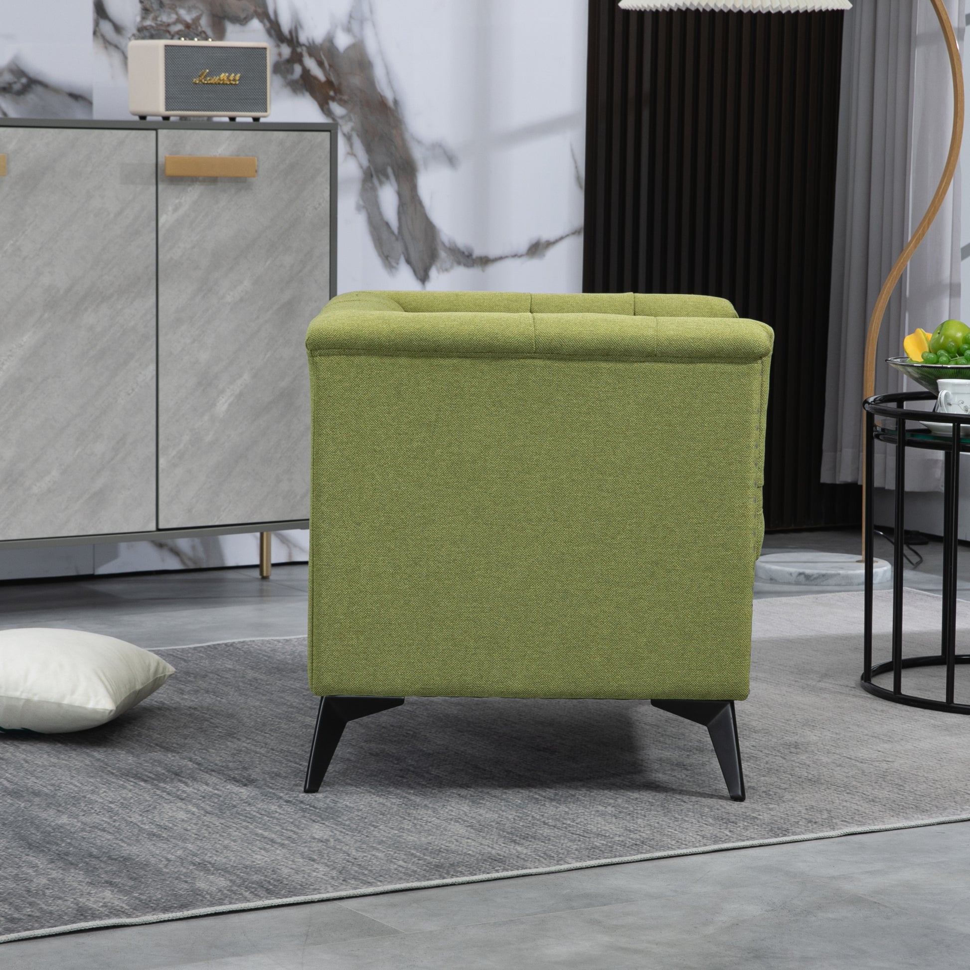 Accent Chair Living Room Chairs Single Sofa Chair,Arm Chairs With Linen Fabric, Mid Century Accent Arm Chairs Comfy Reading Lounge Club Armchair For Bedroom Office Study Green Metal