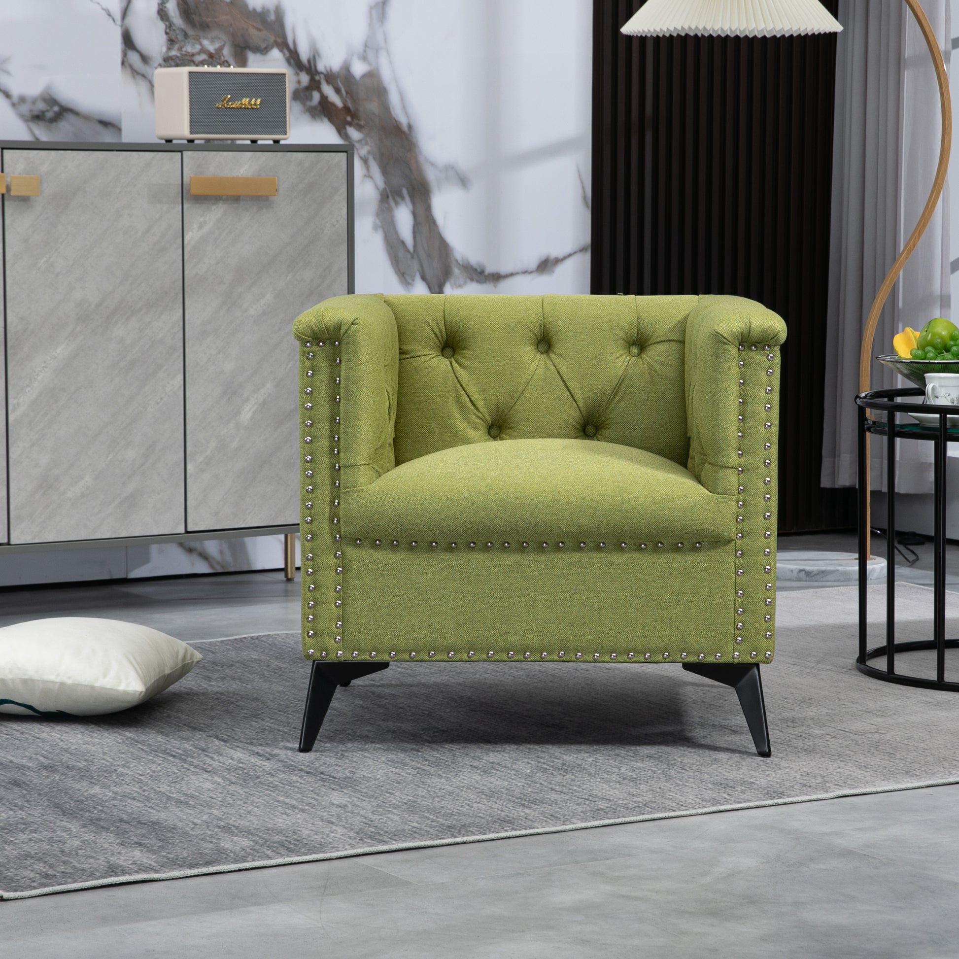 Accent Chair Living Room Chairs Single Sofa Chair,Arm Chairs With Linen Fabric, Mid Century Accent Arm Chairs Comfy Reading Lounge Club Armchair For Bedroom Office Study Green Metal