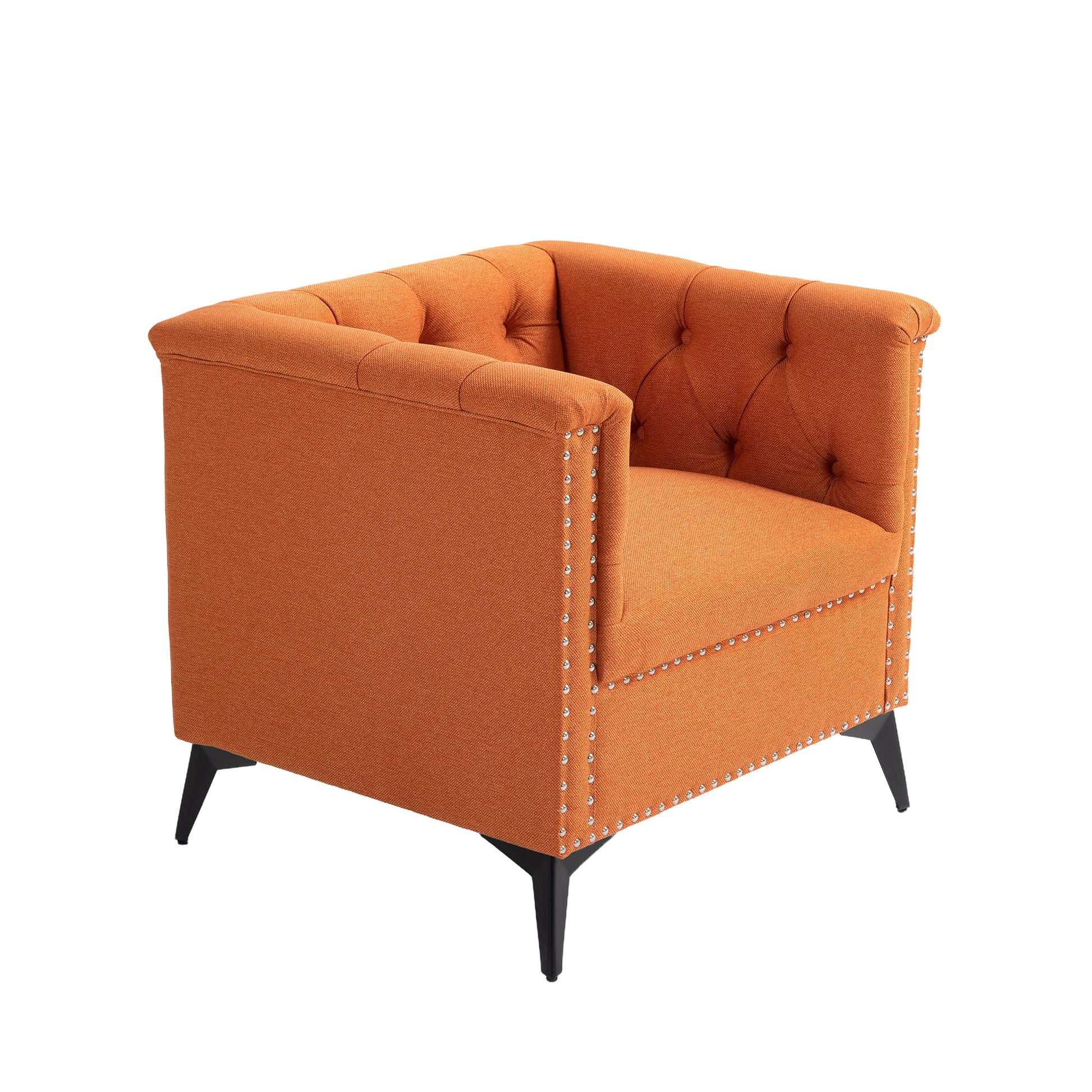 Accent Chair Living Room Chairs Single Sofa Chair,Arm Chairs With Linen Fabric, Mid Century Accent Arm Chairs Comfy Reading Lounge Club Armchair For Bedroom Office Study Orange Metal