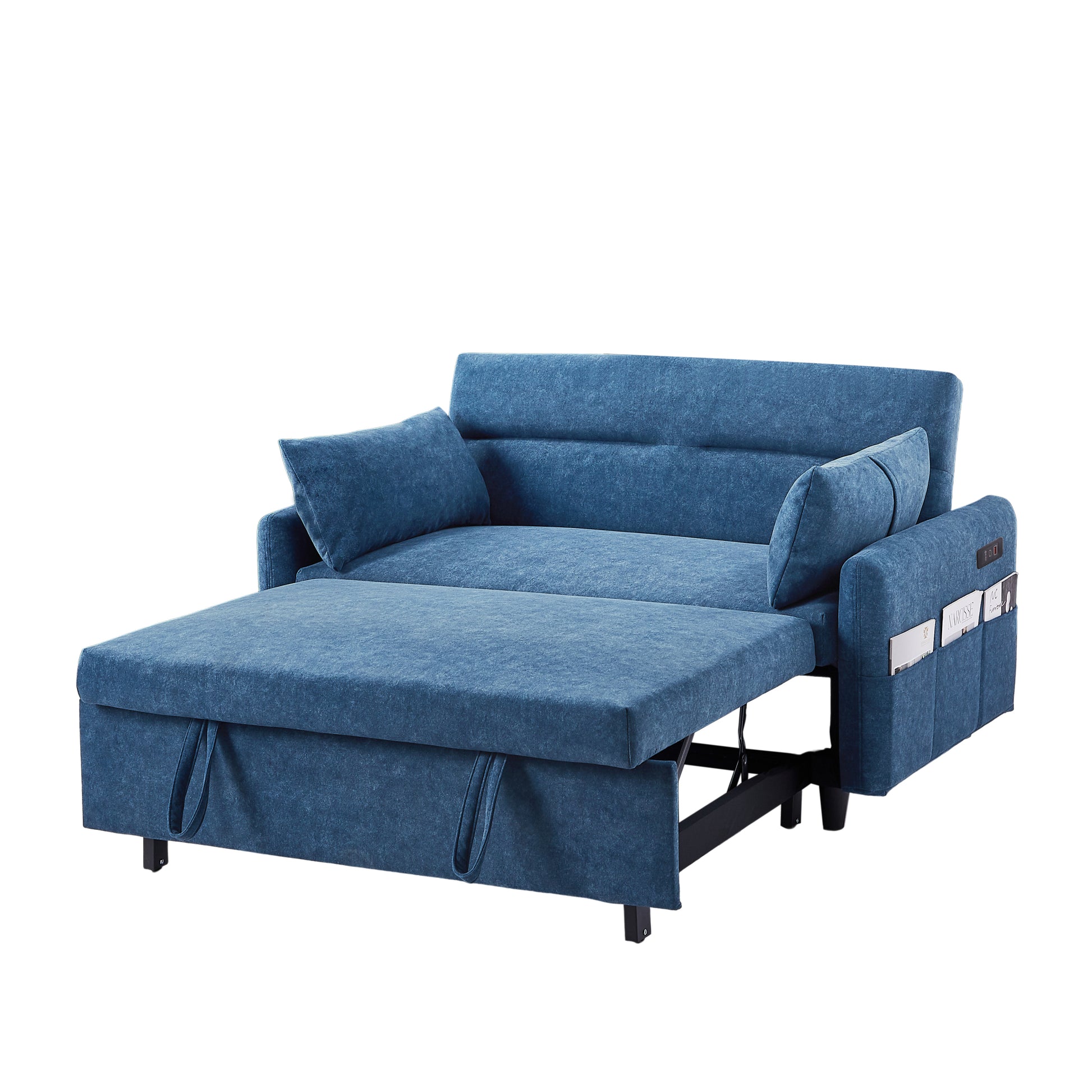 55.1" Pull Out Sleep Sofa Bed Loveseats Sofa Couch With Adjsutable Backrest, Storage Pockets, 2 Soft Pillows, Usb Ports For Living Room, Bedroom, Apartment, Office, Blue Old Sku Wf307821Aac Blue Foam Microfiber