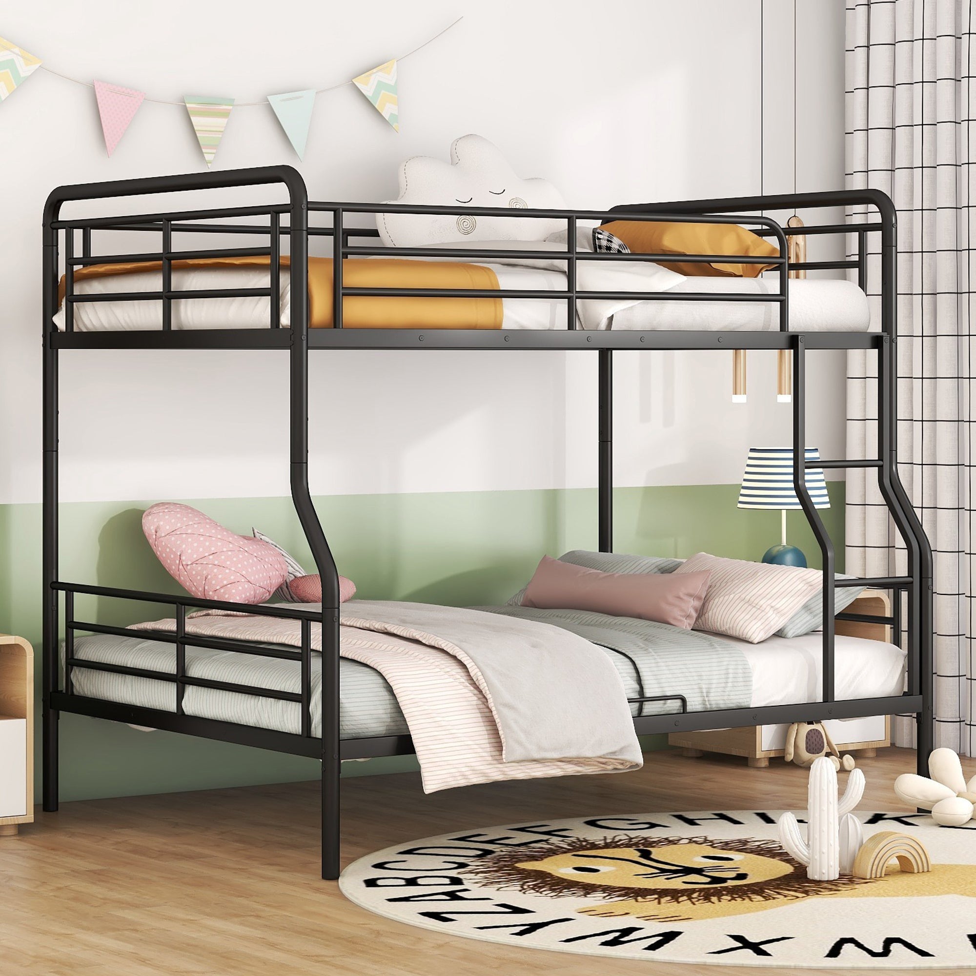 Full Xl Over Queen Metal Bunk Bed, Black Black Iron