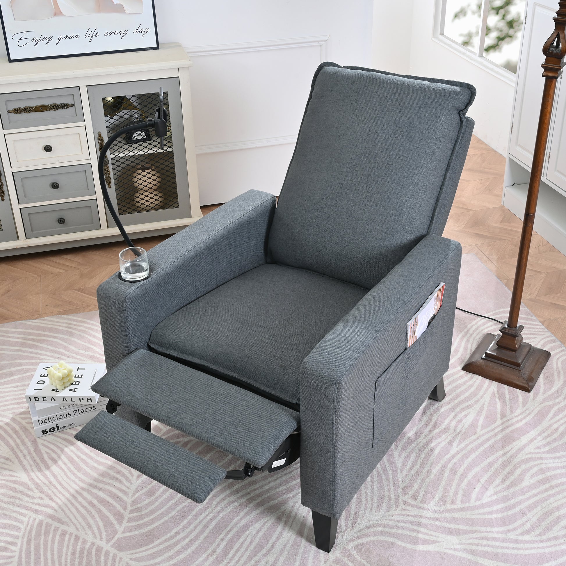 Recliner Chairs For Adults, Adjustable Recliner Sofa With Mobile Phone Holder & Cup Holder, Modern Reclining Chairs Fabric Push Back Recliner Chairs For Living Room, Bedroom, Gray Grey Foam Polyester
