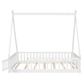 Full Tent Shaped Floor Bed, With Guardrails, Slats, Door ,White Full White Wood Bedroom American Design Pine Bed Frame Pine
