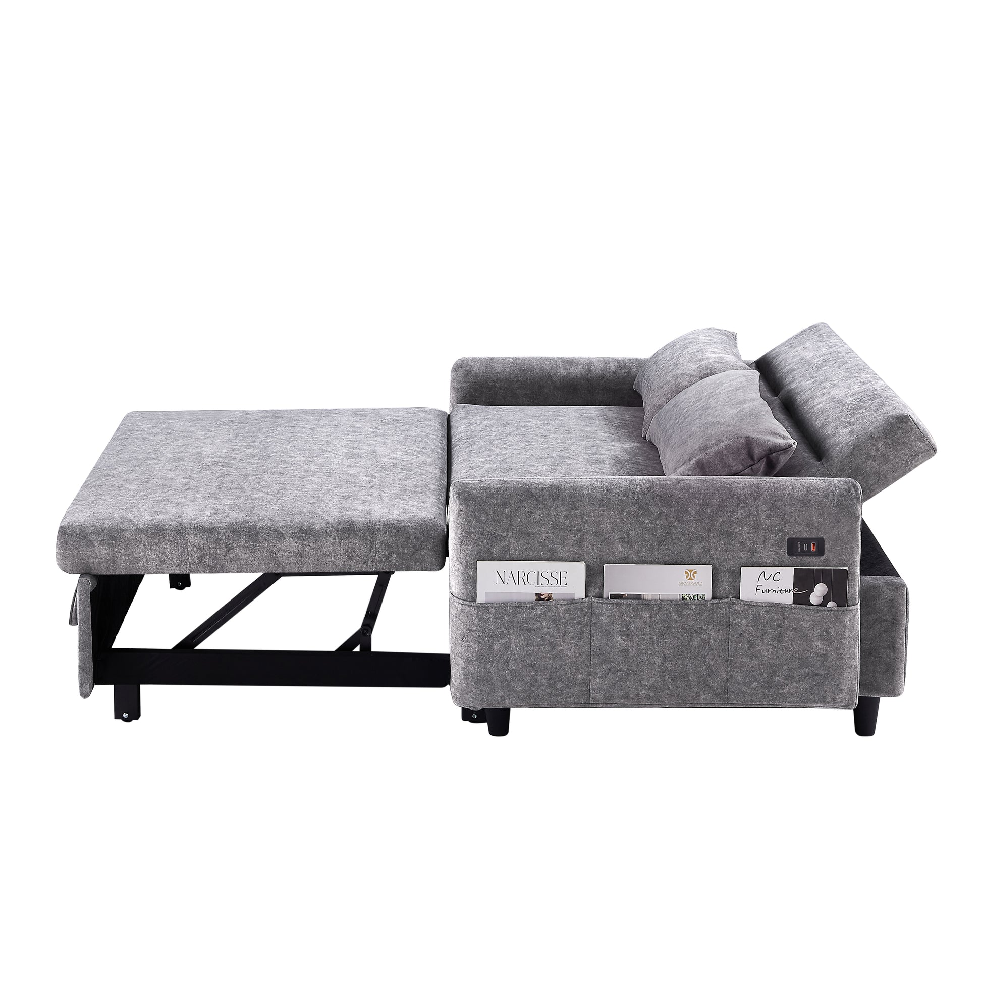 55.1" Pull Out Sleep Sofa Bed Loveseats Sofa Couch With Adjsutable Backrest, Storage Pockets, 2 Soft Pillows, Usb Ports For Living Room, Bedroom, Apartment, Office,Grey Old Sku Wf307821Aae Grey Foam Microfiber