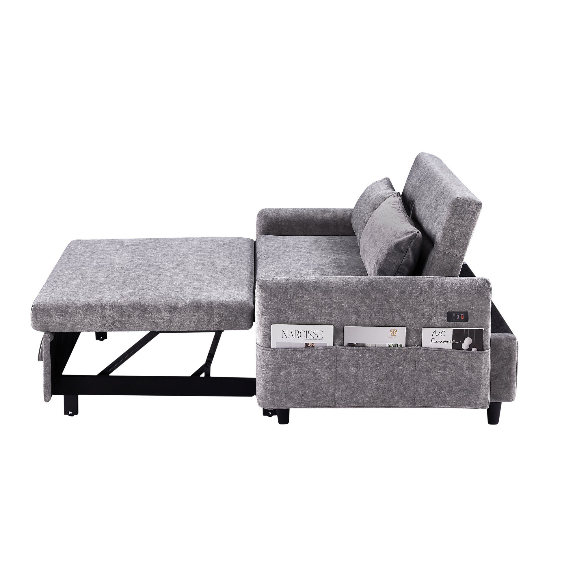 55.1" Pull Out Sleep Sofa Bed Loveseats Sofa Couch With Adjsutable Backrest, Storage Pockets, 2 Soft Pillows, Usb Ports For Living Room, Bedroom, Apartment, Office,Grey Old Sku Wf307821Aae Grey Foam Microfiber