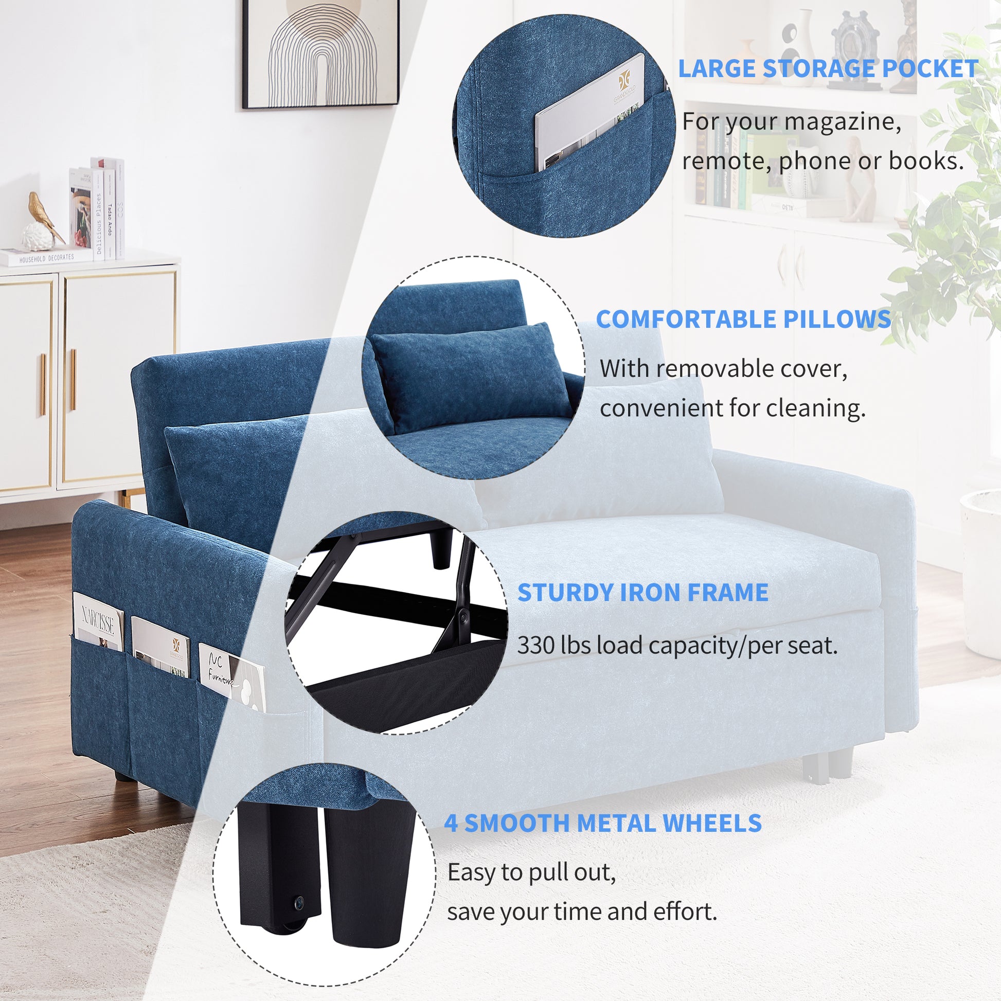 55.1" Pull Out Sleep Sofa Bed Loveseats Sofa Couch With Adjsutable Backrest, Storage Pockets, 2 Soft Pillows, Usb Ports For Living Room, Bedroom, Apartment, Office, Blue Old Sku Wf307821Aac Blue Foam Microfiber