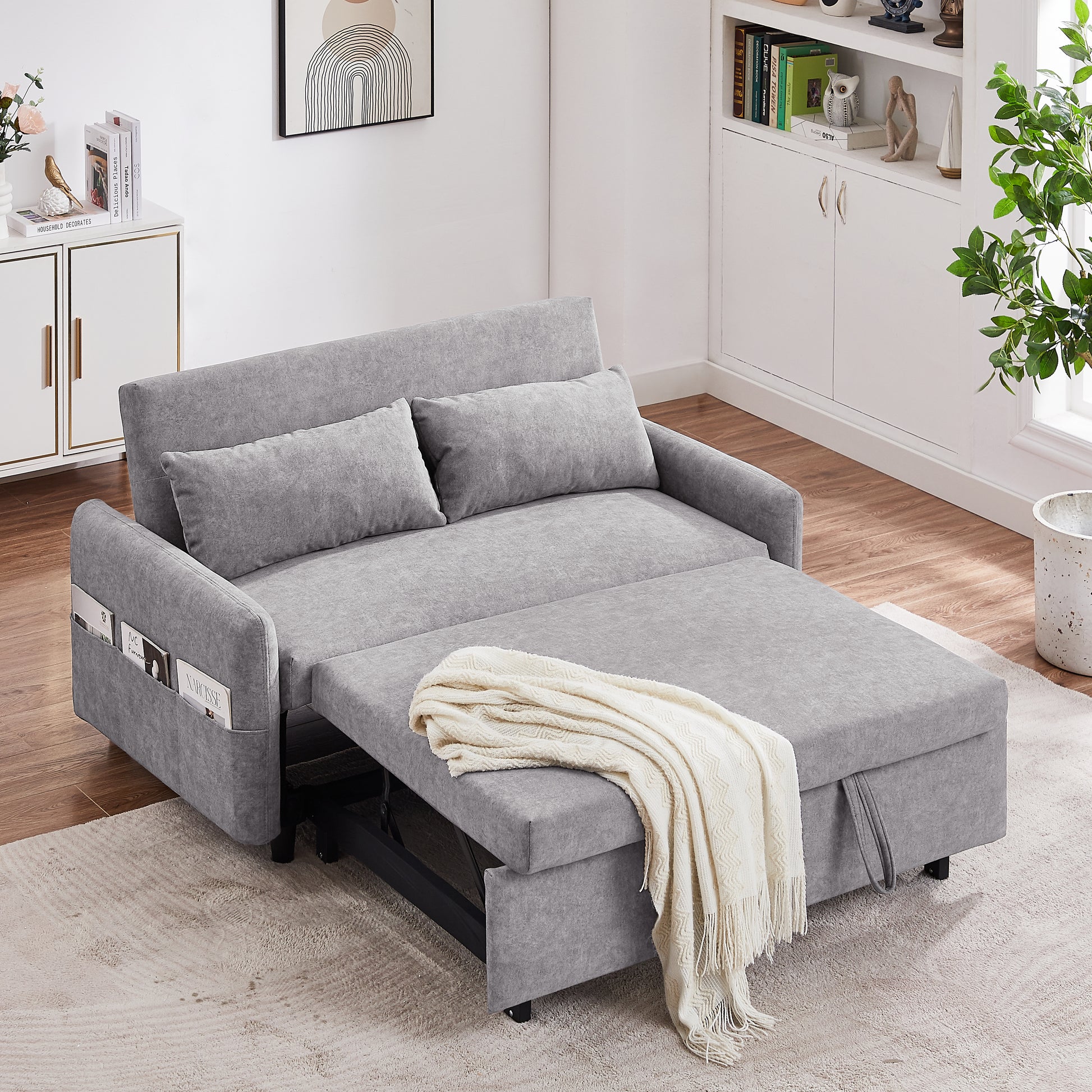 55.1" Pull Out Sleep Sofa Bed Loveseats Sofa Couch With Adjsutable Backrest, Storage Pockets, 2 Soft Pillows, Usb Ports For Living Room, Bedroom, Apartment, Office,Grey Old Sku Wf307821Aae Grey Foam Microfiber