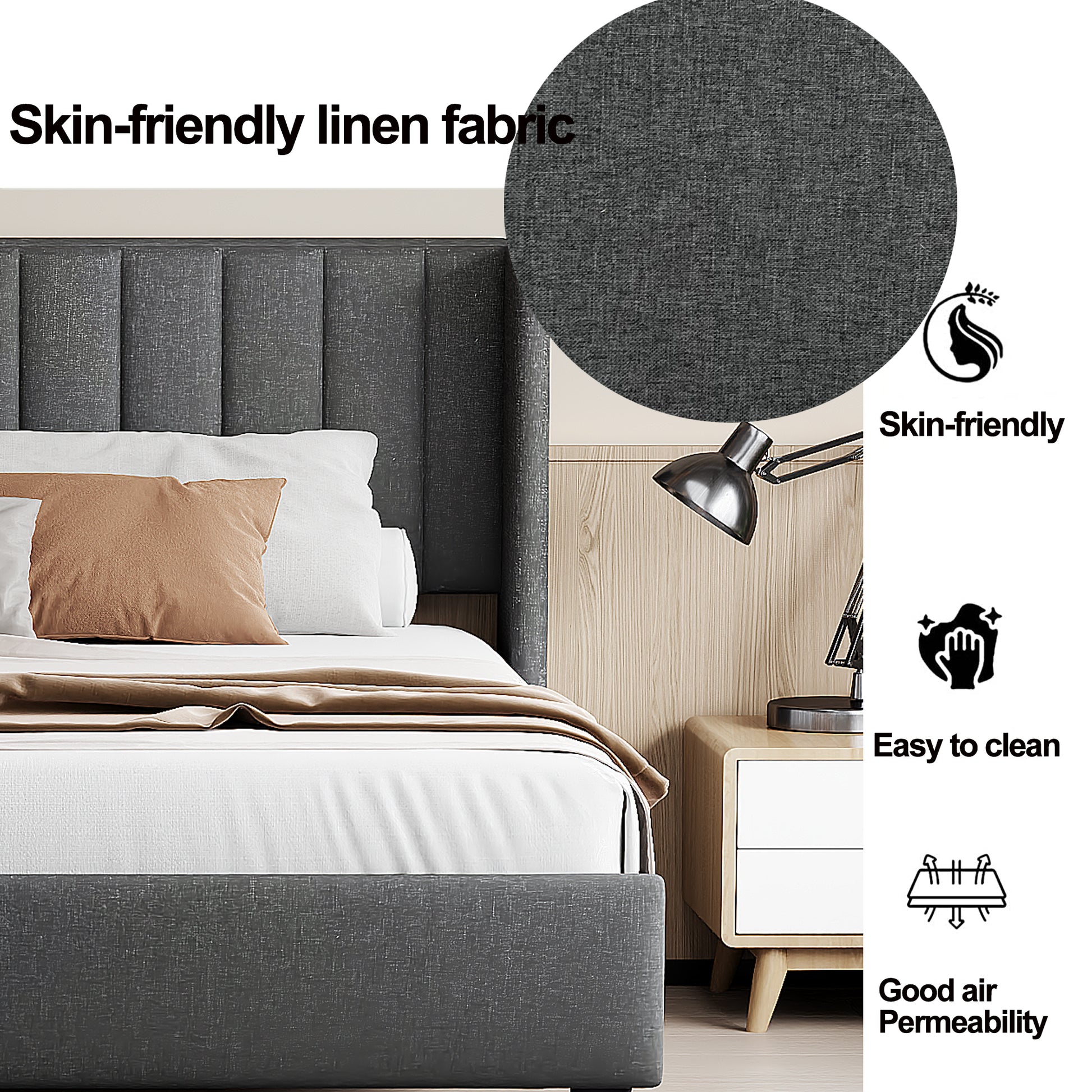 King Size Upholstered Platform Bed Frame With Headboard, Mattress Foundation, Wood Slat Support, Quiet, No Box Spring Needed, Easy To Assemble Black Black Wood