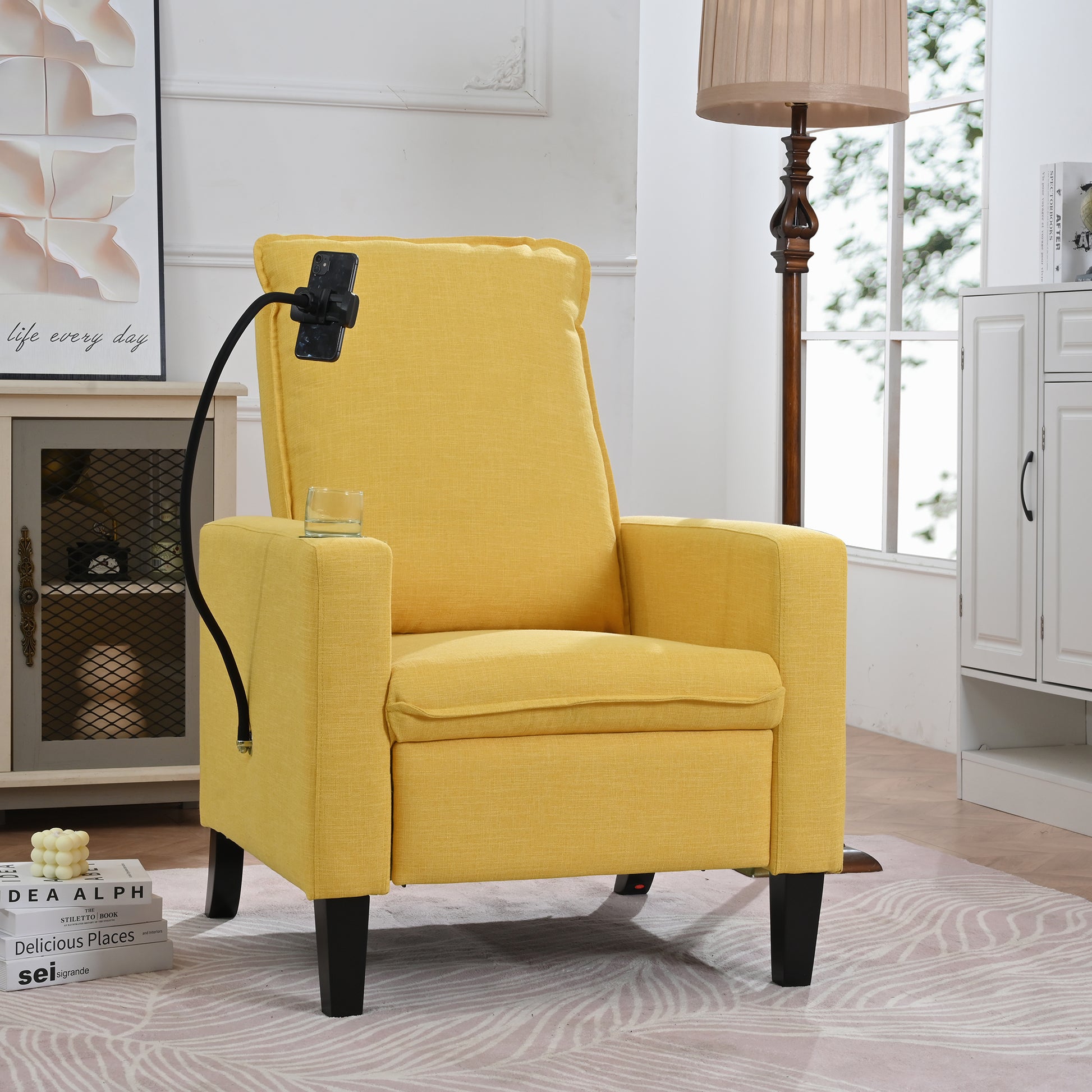 Recliner Chairs For Adults, Adjustable Recliner Sofa With Mobile Phone Holder & Cup Holder, Modern Reclining Chairs Fabric Push Back Recliner Chairs For Living Room, Bedroom, Yellow Yellow Foam Polyester
