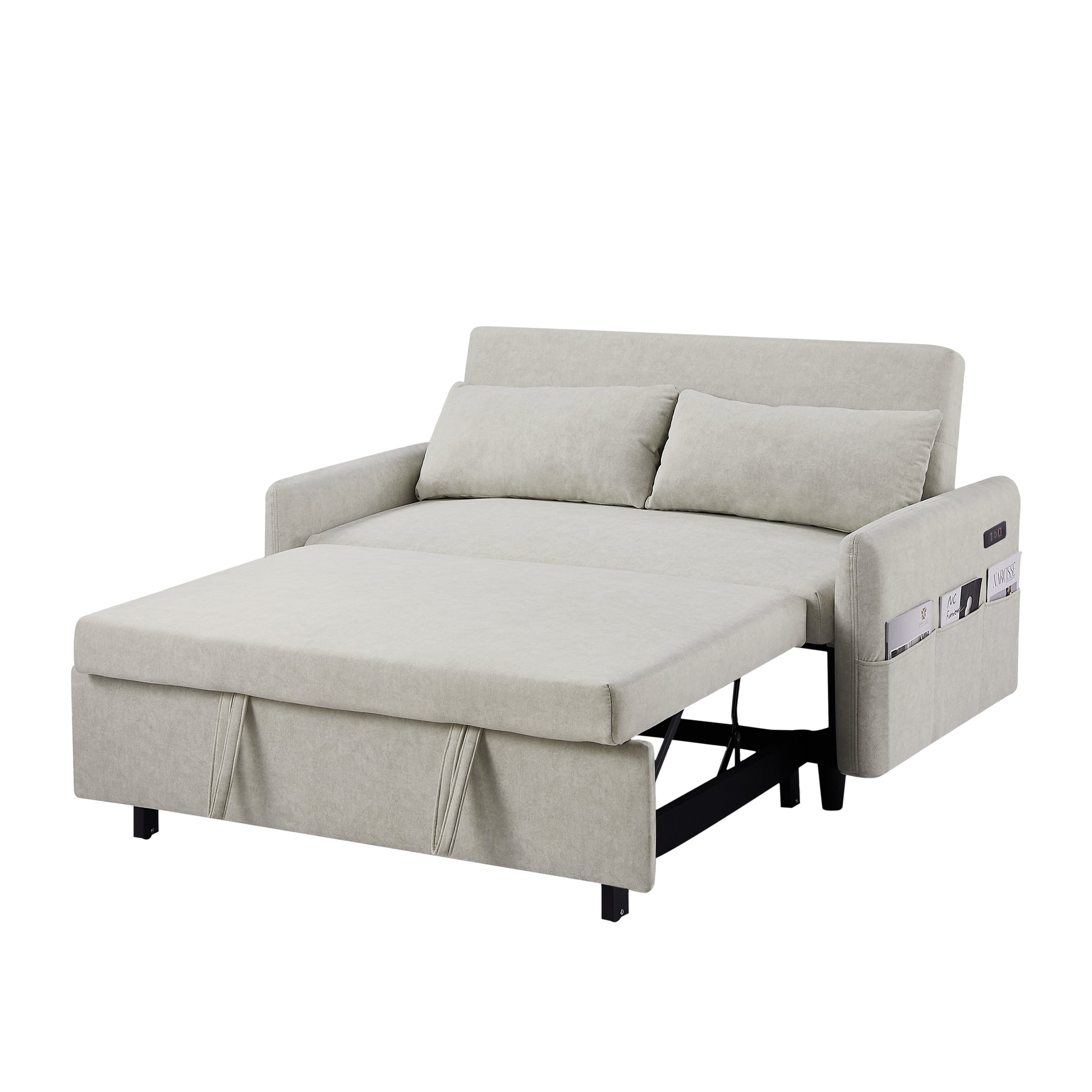 55.1" Pull Out Sleep Sofa Bed Loveseats Sofa Couch With Adjsutable Backrest, Storage Pockets, 2 Soft Pillows, Usb Ports For Living Room, Bedroom, Apartment, Office, Beige Old Sku: Wf315689Aaa Beige Foam Microfiber 2 Seat