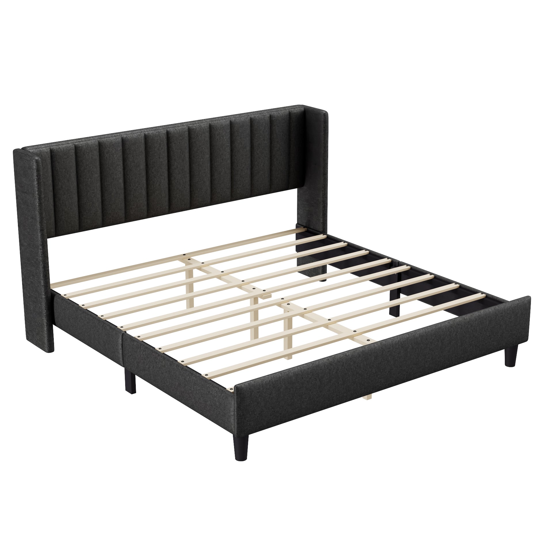 King Size Upholstered Platform Bed Frame With Headboard, Mattress Foundation, Wood Slat Support, Quiet, No Box Spring Needed, Easy To Assemble Black Black Wood