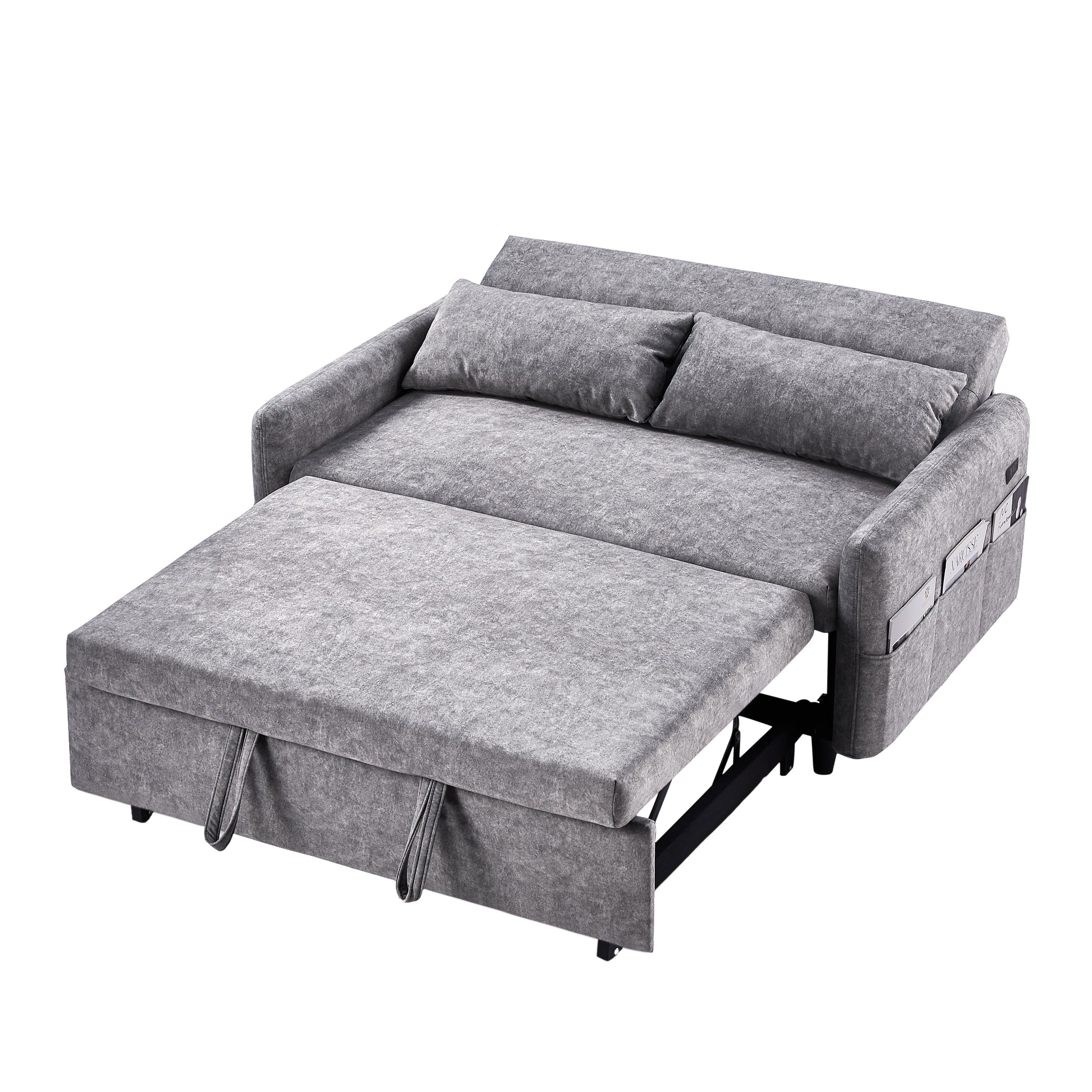 55.1" Pull Out Sleep Sofa Bed Loveseats Sofa Couch With Adjsutable Backrest, Storage Pockets, 2 Soft Pillows, Usb Ports For Living Room, Bedroom, Apartment, Office,Grey Old Sku Wf307821Aae Grey Foam Microfiber